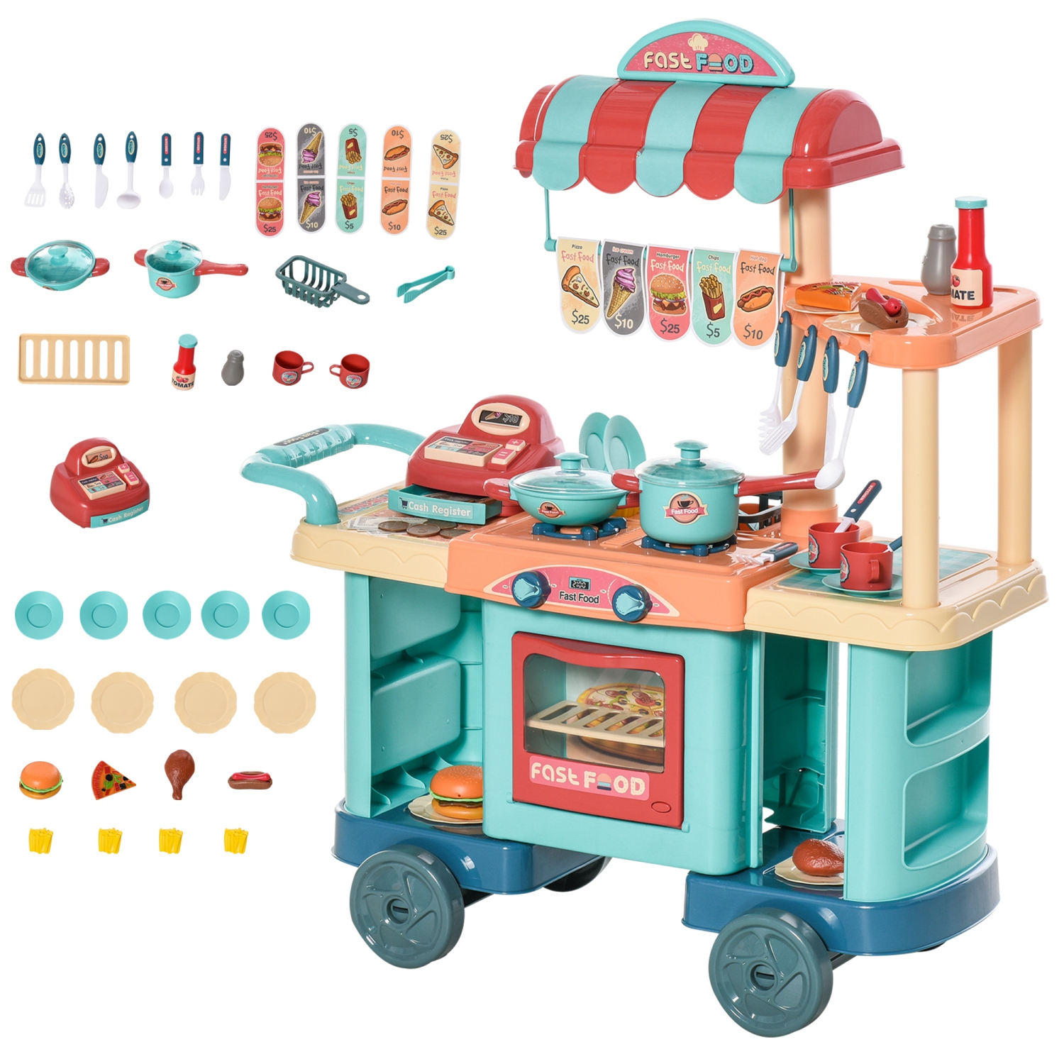 Qaba 50 Pcs Kids Fast Food Shop Cart Pretend Playset Multi-functional Kitchen Supermarket Toys Trolley Set with Play Food Register Accessories Gift for Boys Girls Age 3- 6
