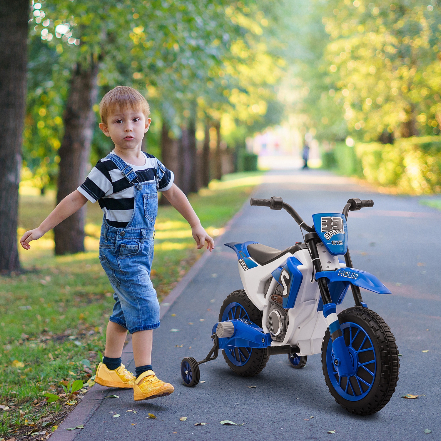 Aosom Kids Dirt Bike Battery-Powered Ride-On Electric Motorcycle with Charging 12V Battery, Training Wheels Blue