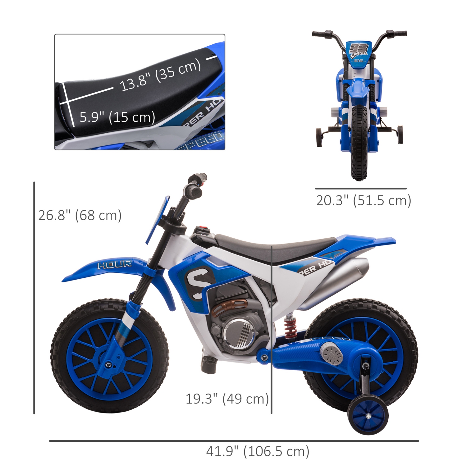 Aosom Kids Dirt Bike Battery-Powered Ride-On Electric Motorcycle with Charging 12V Battery, Training Wheels Blue