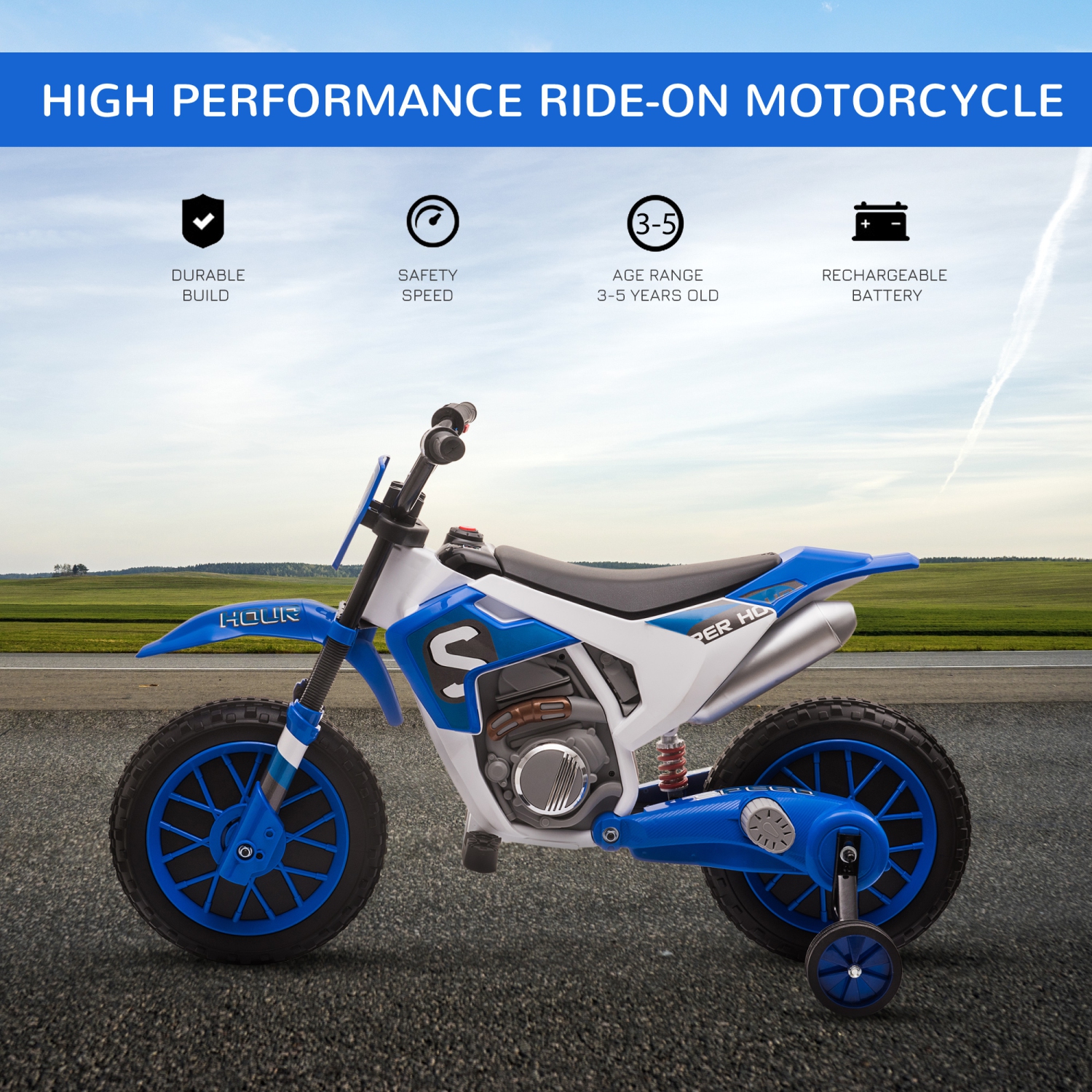 Aosom Kids Dirt Bike Battery-Powered Ride-On Electric Motorcycle with Charging 12V Battery, Training Wheels Blue