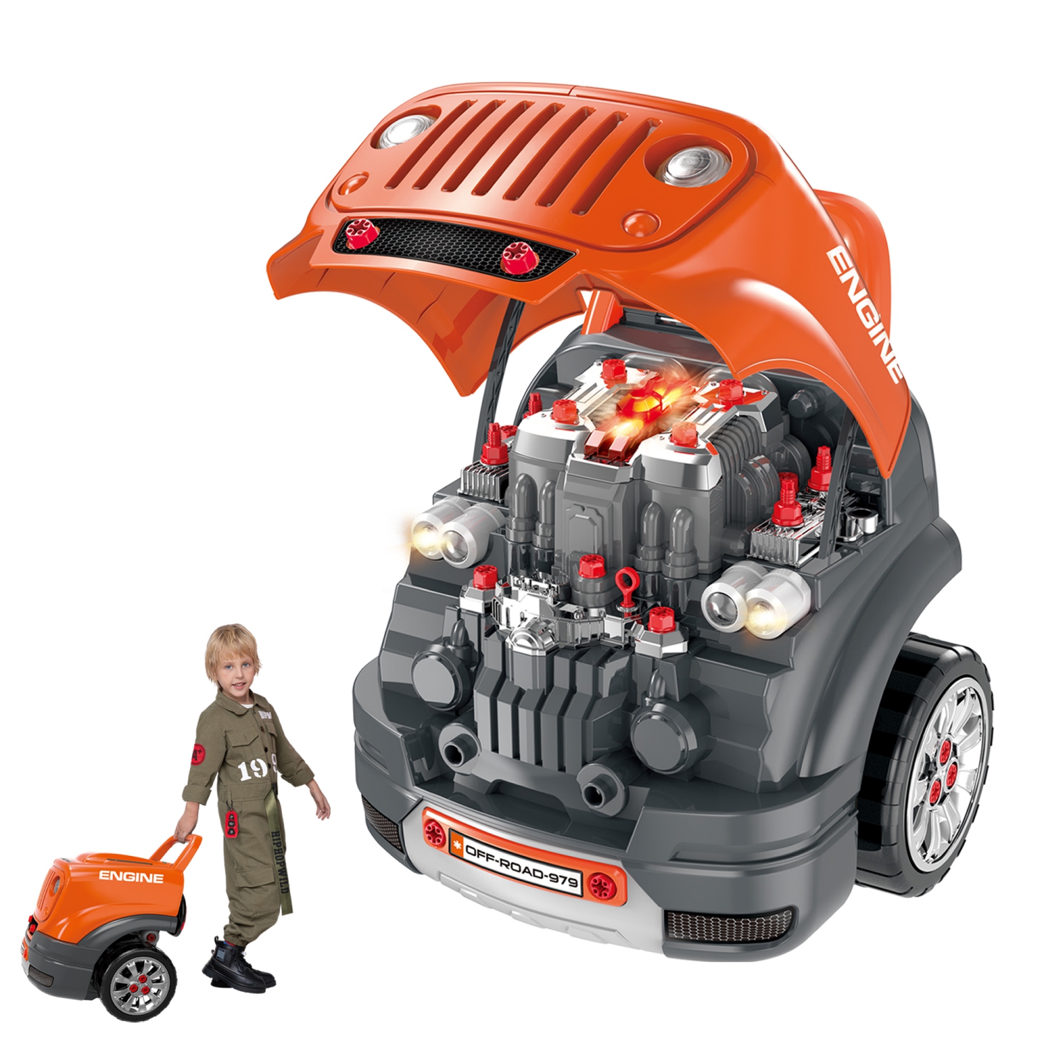 Qaba Kids Truck Engine Toys for Boys Girls 3 4 5 ans, Toddlers Construction Educational Repair Car Tool avec lumière et son, orange