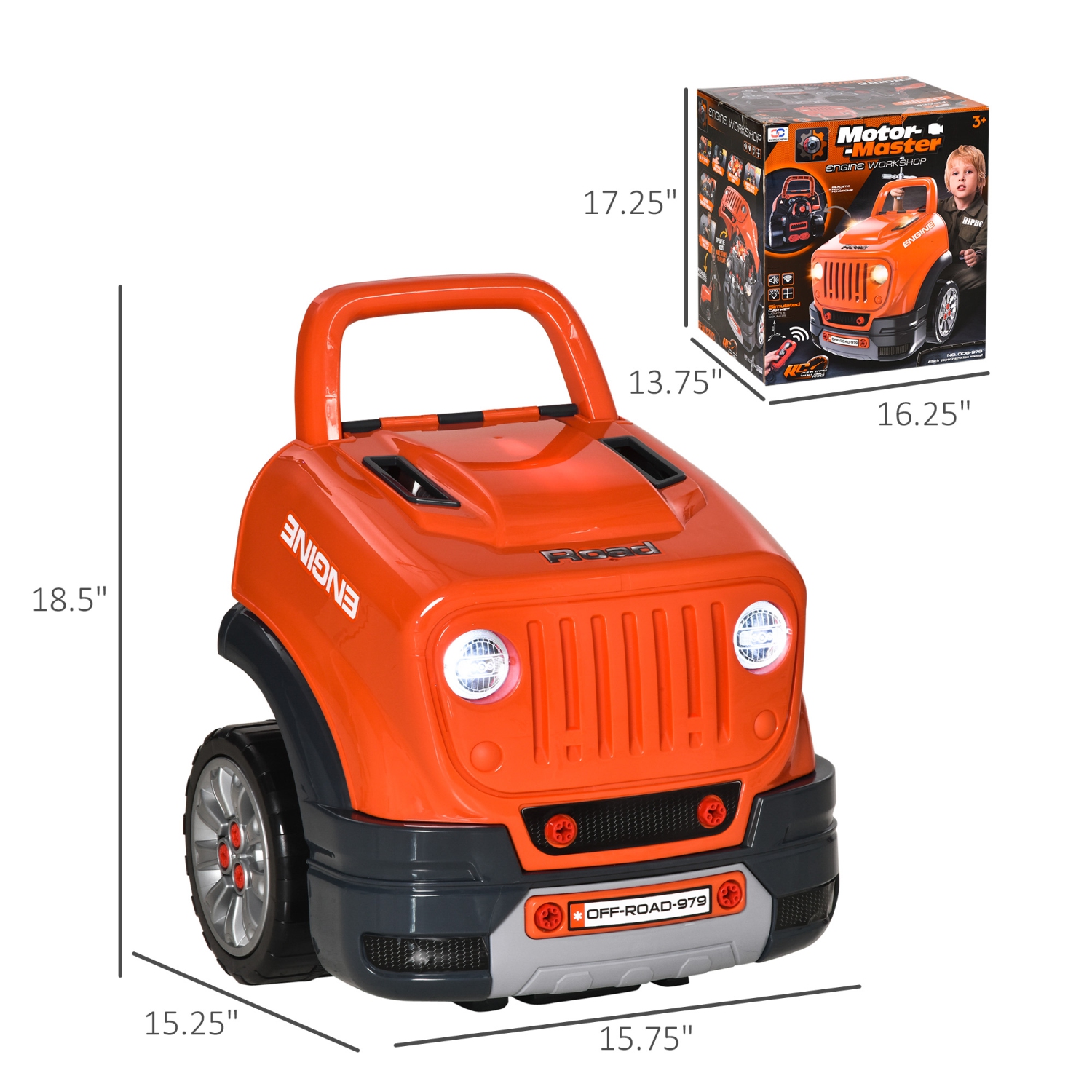 Qaba Kids Truck Engine Toys for Boys Girls 3 4 5 ans, Toddlers Construction Educational Repair Car Tool avec lumière et son, orange