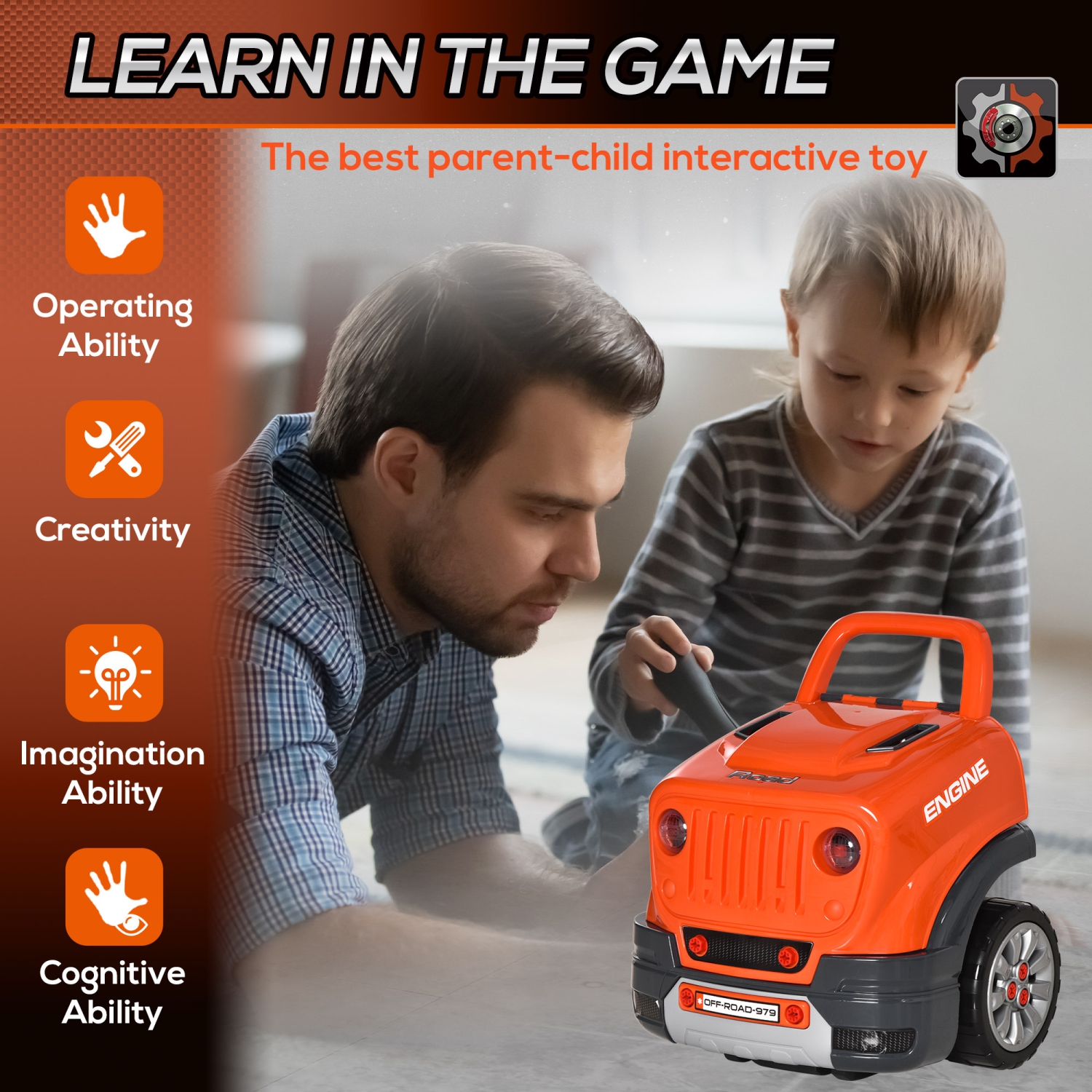 Qaba Kids Truck Engine Toys for Boys Girls 3 4 5 ans, Toddlers Construction Educational Repair Car Tool avec lumière et son, orange