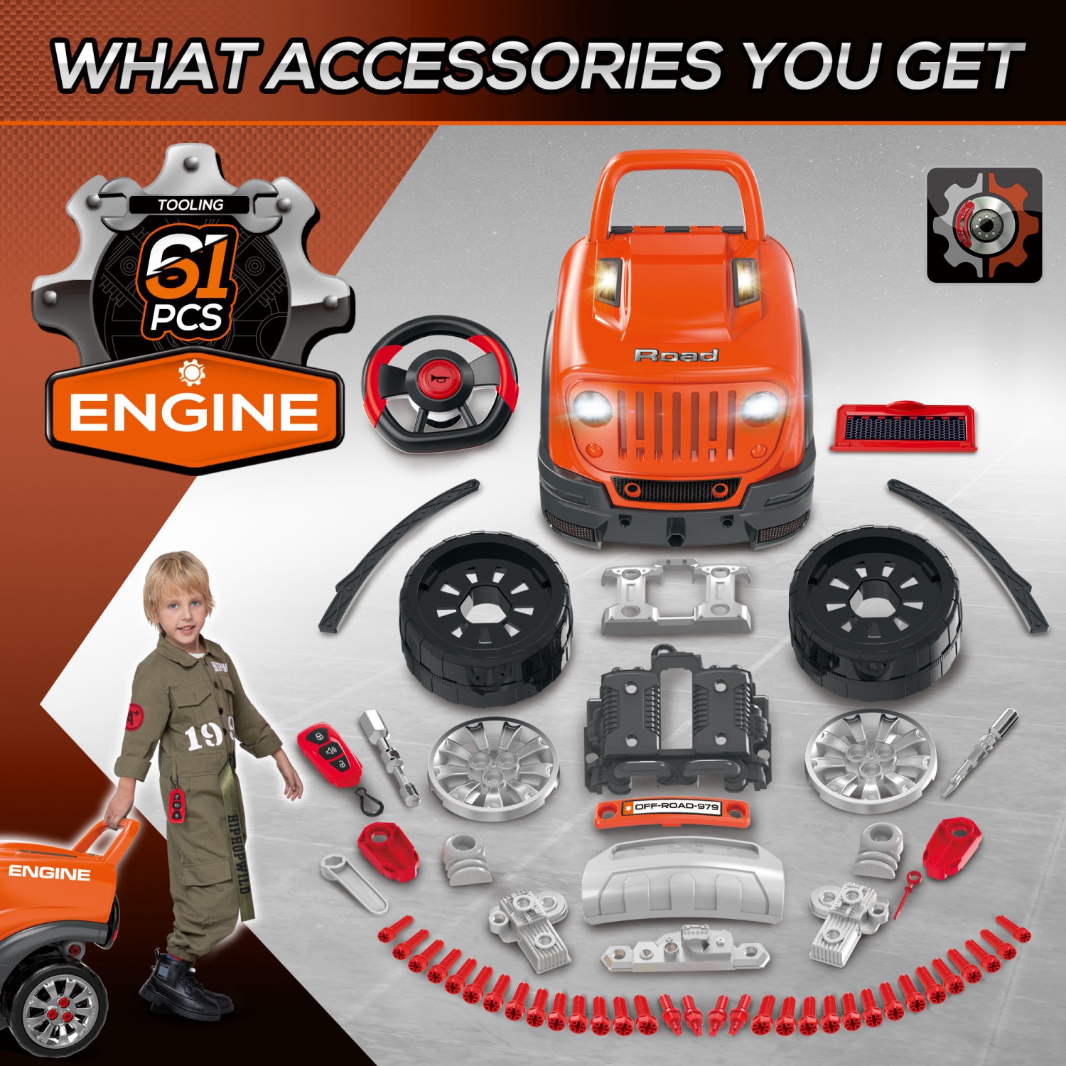 Qaba Kids Truck Engine Toys for Boys Girls 3 4 5 ans, Toddlers Construction Educational Repair Car Tool avec lumière et son, orange