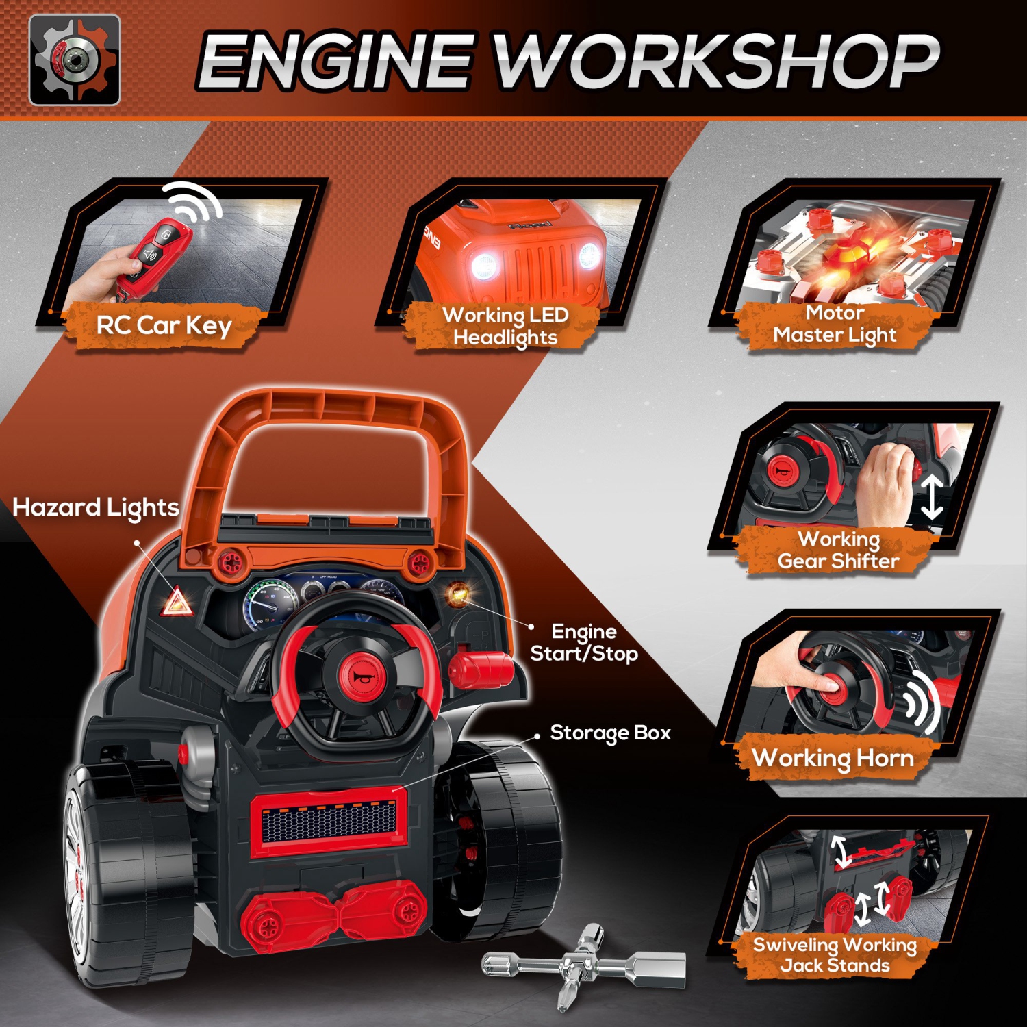 Qaba Kids Truck Engine Toys for Boys Girls 3 4 5 ans, Toddlers Construction Educational Repair Car Tool avec lumière et son, orange