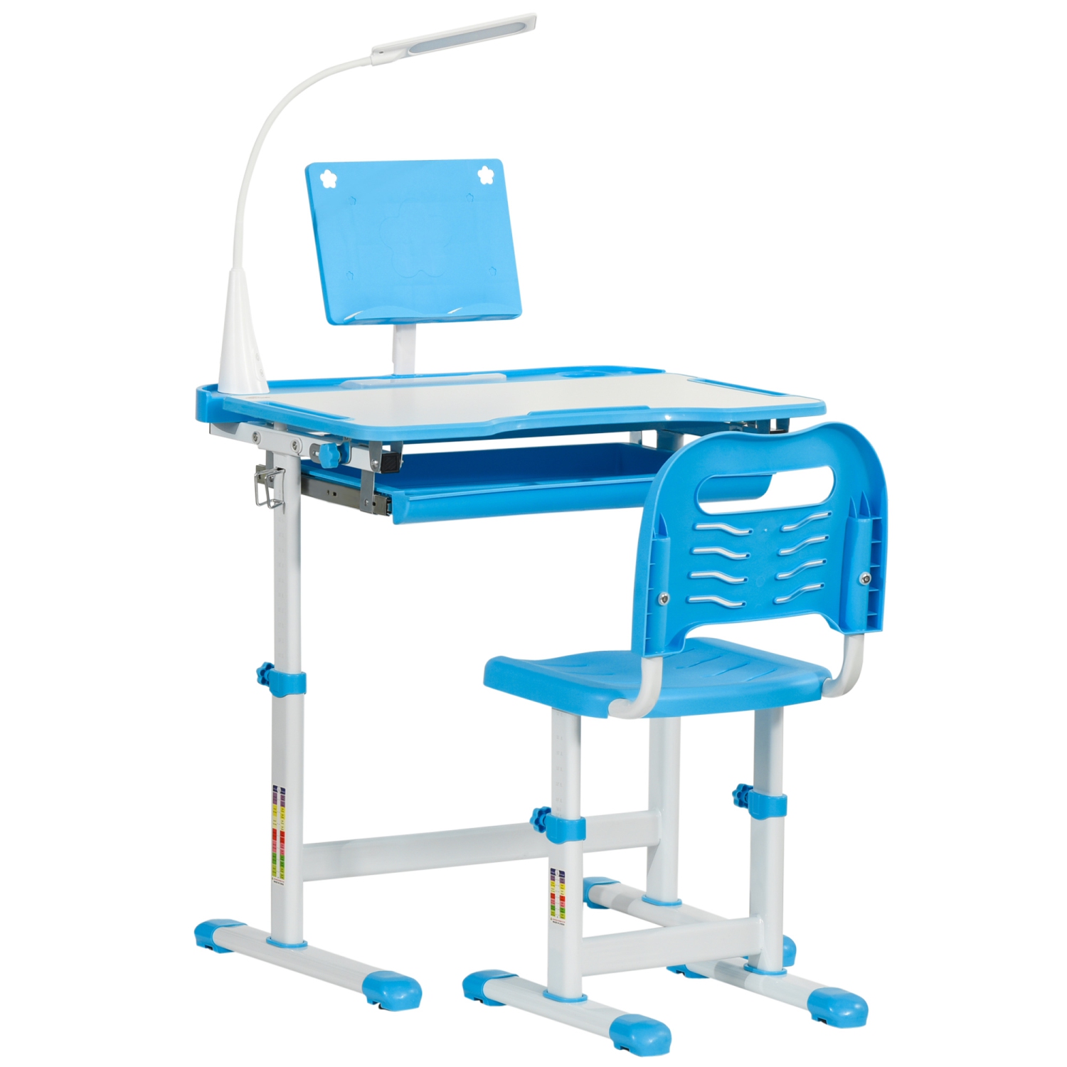 Qaba Kids Desk and Chair Set Height Adjustable Student Writing Desk Children School Study Table with Tilt Desktop, LED Lamp, Pen Box, Drawer, Reading Board, Cup Holder, Blue