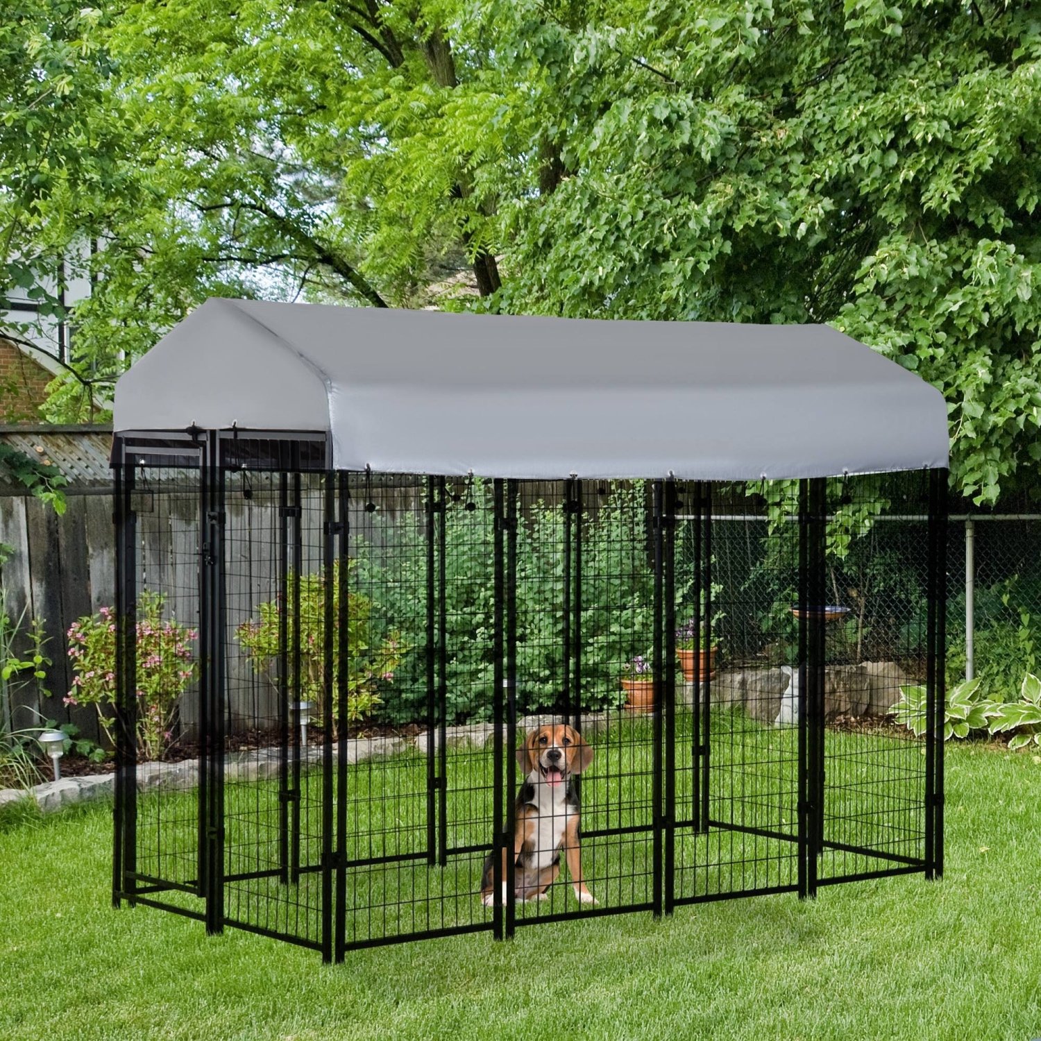 PawHut 8' x 4' x 6' Dog Run Outdoor, Large Outdoor Dog Kennel Welded Wire Steel Fence with UV-Resistant & Waterproof Cover, Secure Lock, Silver