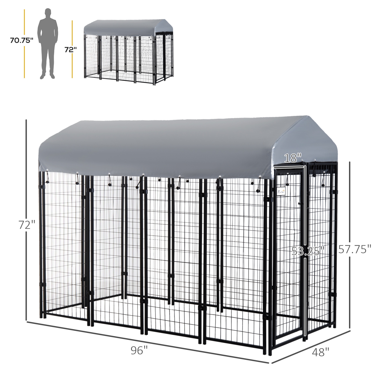 PawHut 8' x 4' x 6' Dog Run Outdoor, Large Outdoor Dog Kennel Welded Wire Steel Fence with UV-Resistant & Waterproof Cover, Secure Lock, Silver