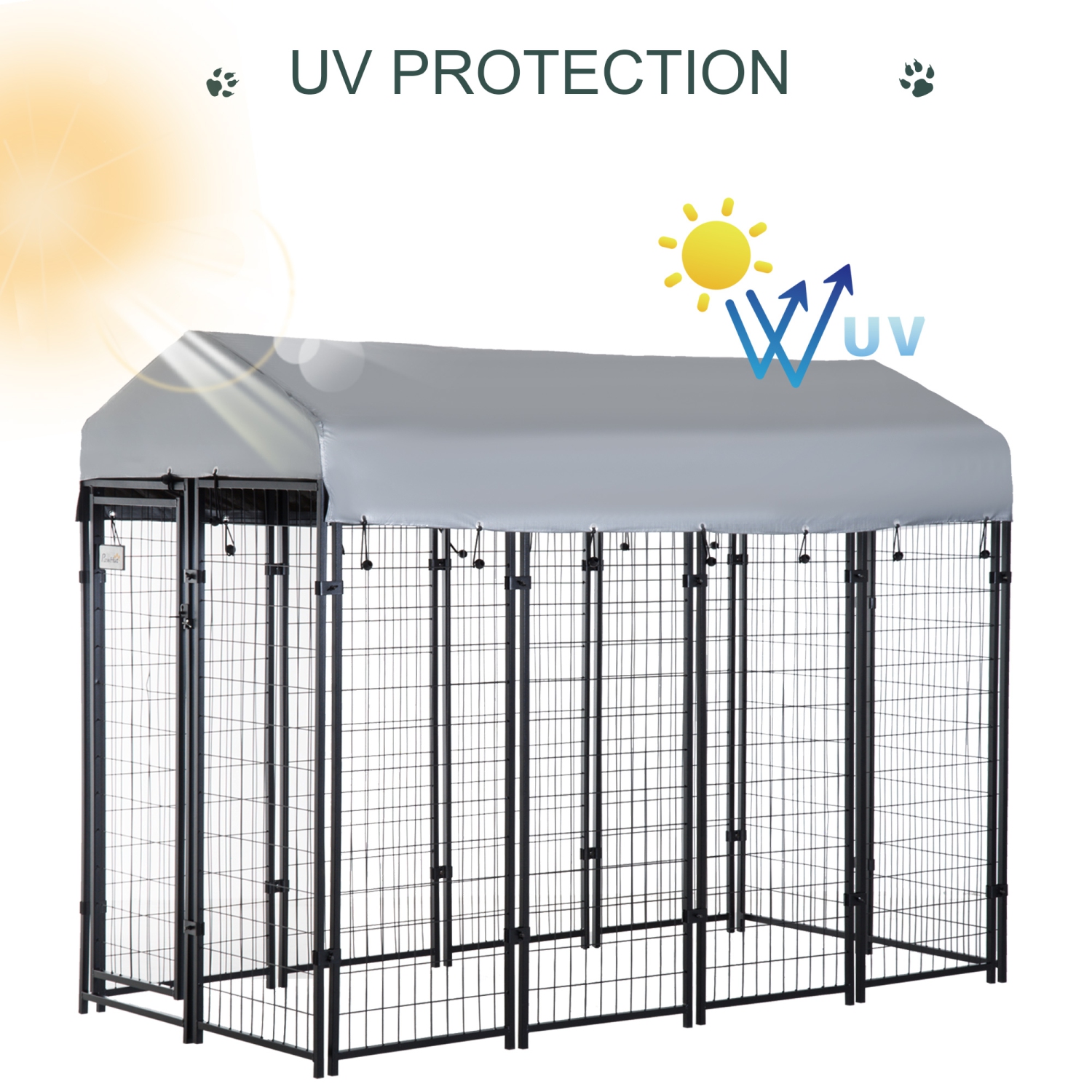 PawHut 8' x 4' x 6' Dog Run Outdoor, Large Outdoor Dog Kennel Welded Wire Steel Fence with UV-Resistant & Waterproof Cover, Secure Lock, Silver