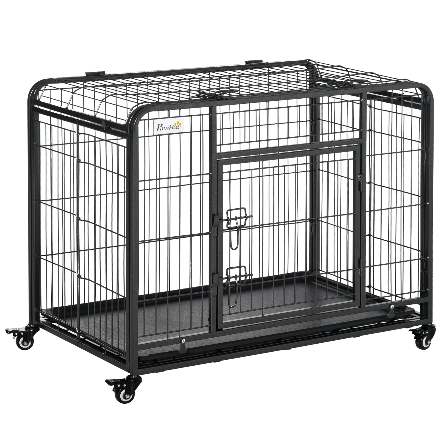 PawHut Folding Heavy Duty Dog Crate Heavy Duty Cage for Medium Sized Dogs with Double Doors, Lockable Wheels Tray, 37" x 23" x 27"