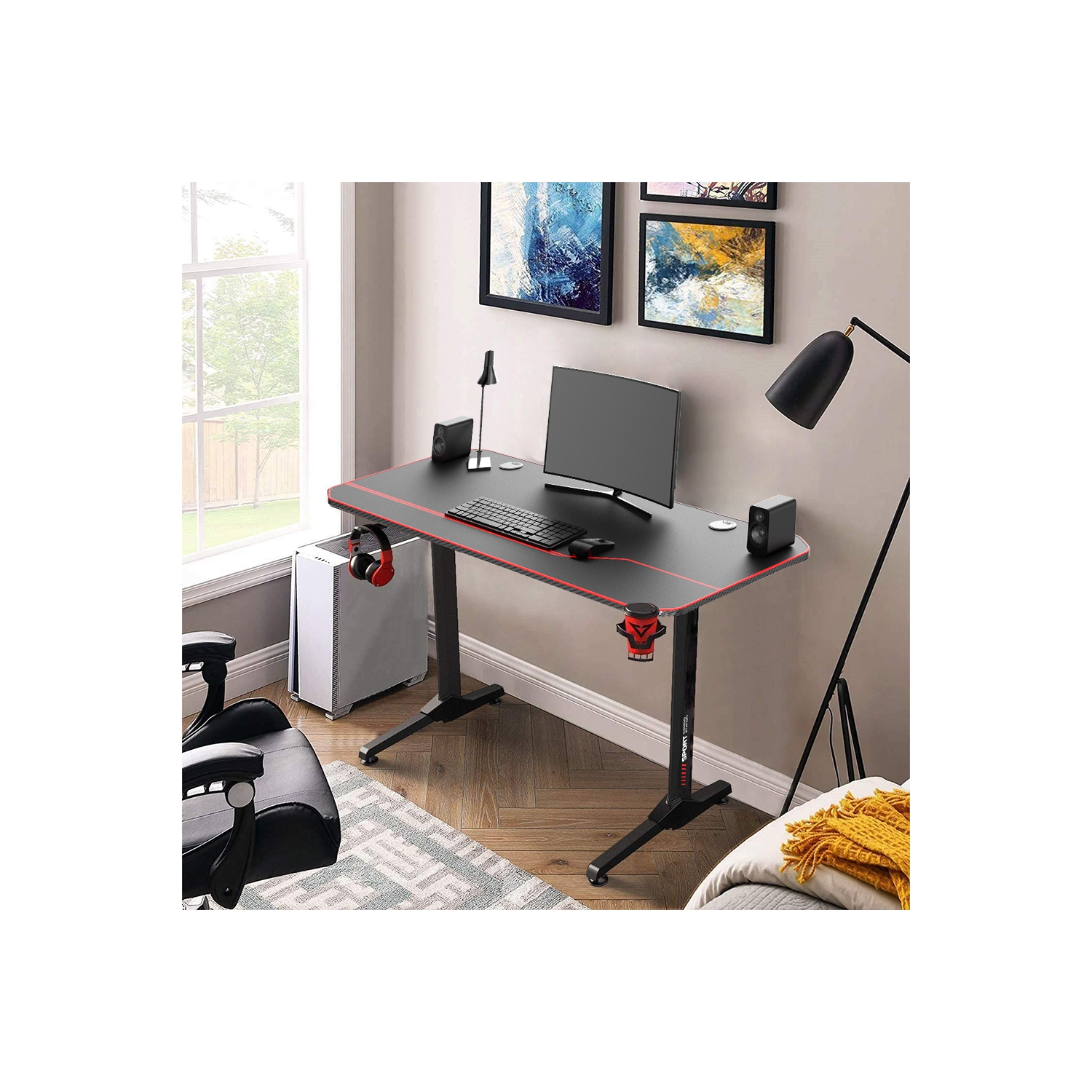 55" Ergonomic T-Shaped PC Gaming Desk , Home Office Computer Desk Workplace with Full Cover Mousepad and Cup Holder Headphone Hook Cable Management