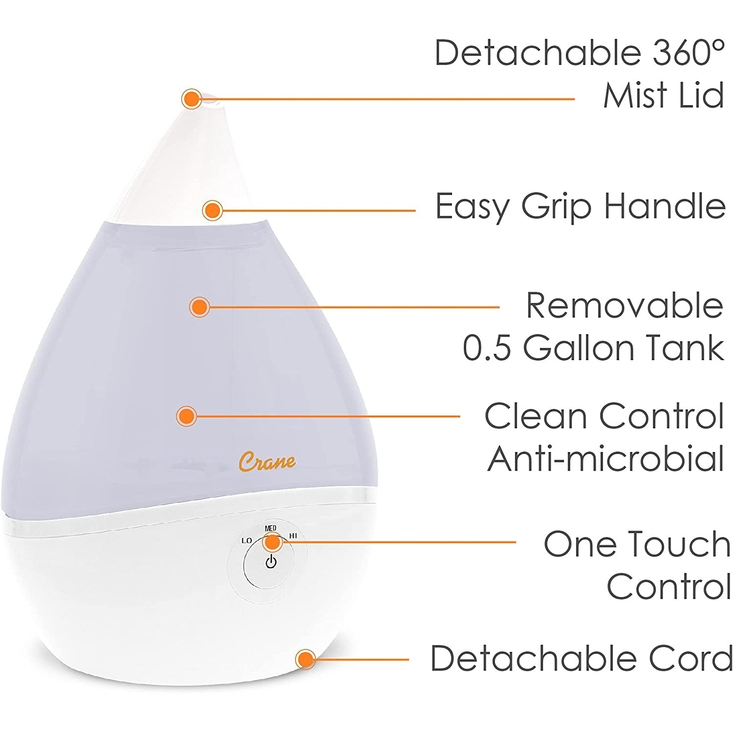 Crane Ultrasonic Cool Mist Humidifier White Droplet
