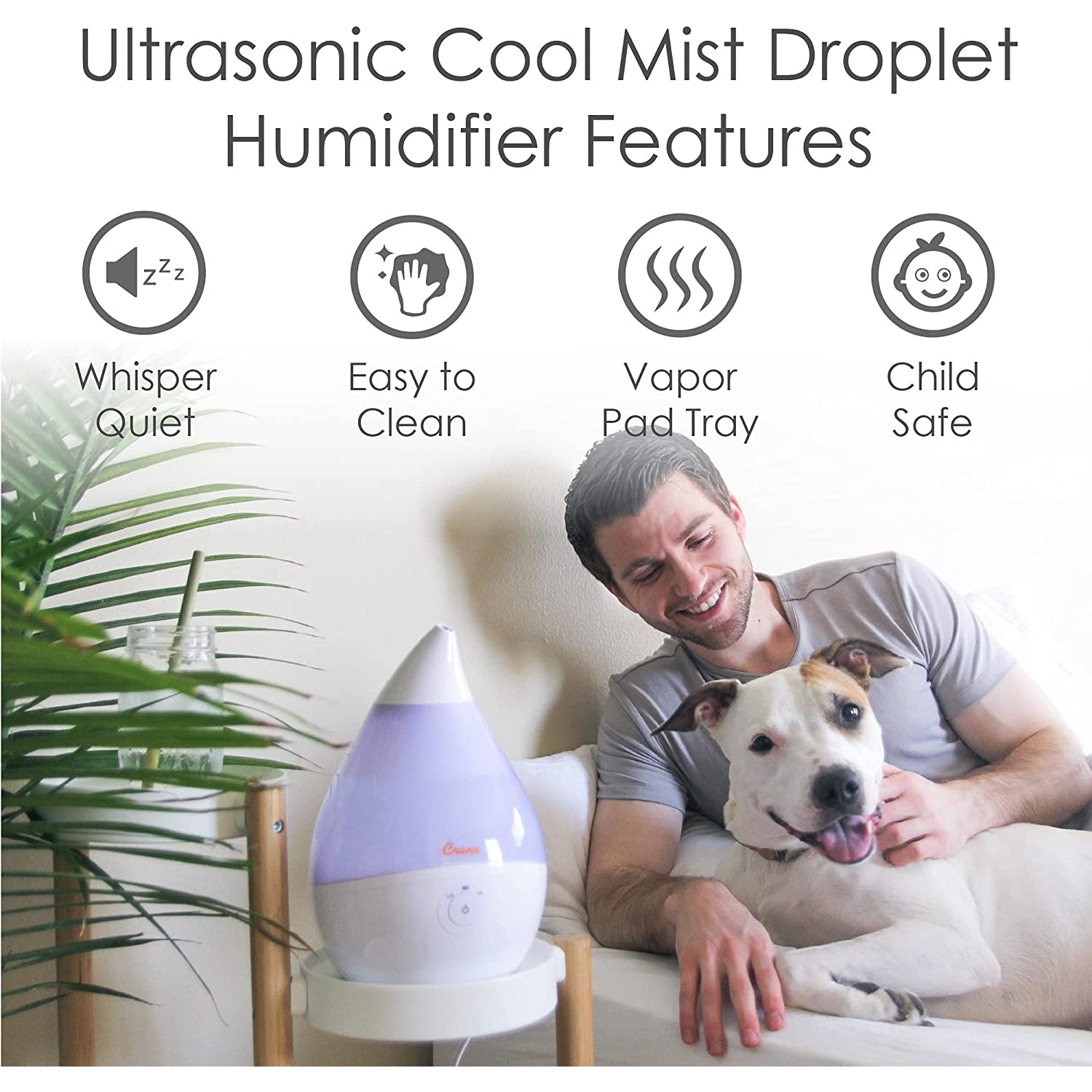 Crane Ultrasonic Cool Mist Humidifier White Droplet
