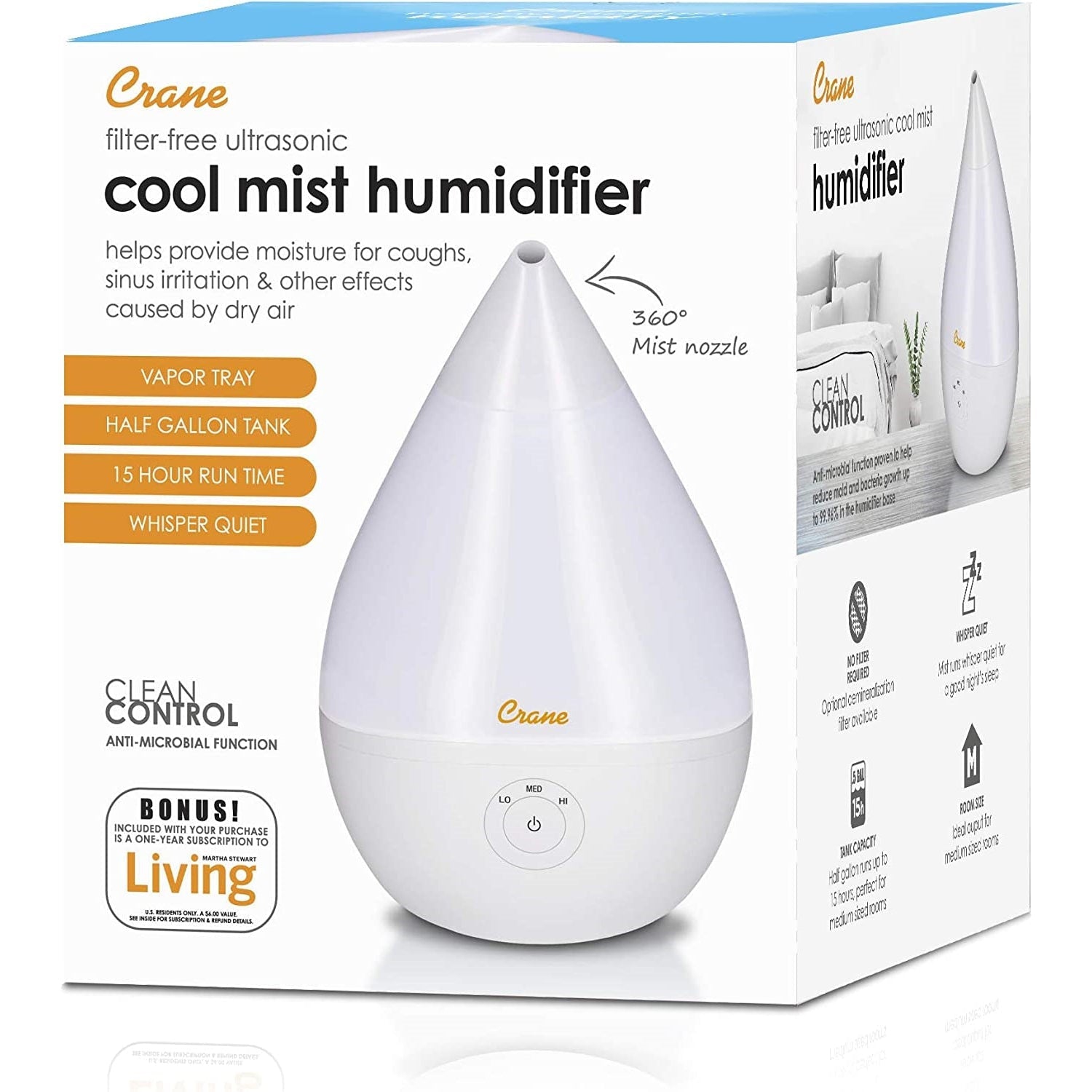 Crane Ultrasonic Cool Mist Humidifier White Droplet