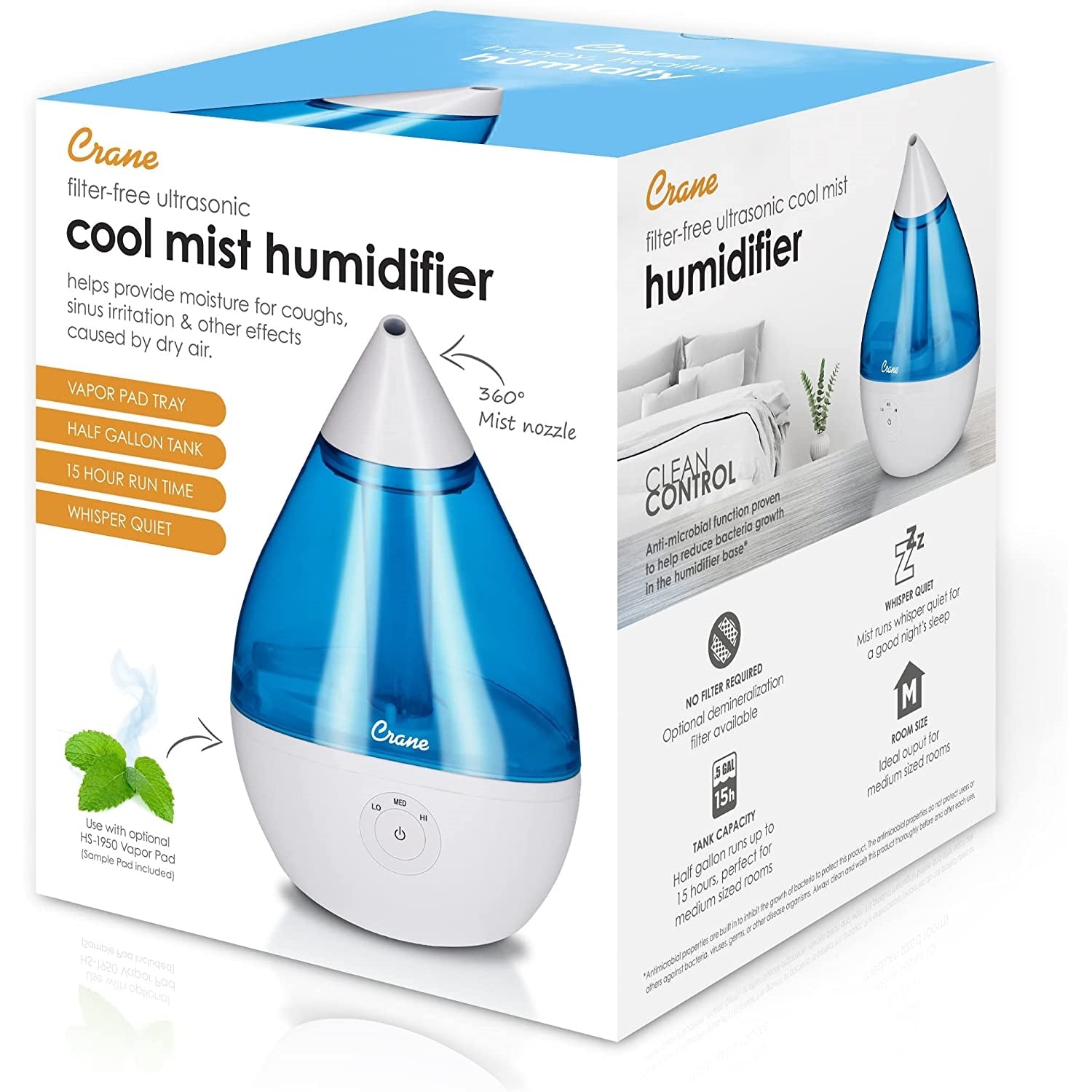 Crane Ultrasonic Cool Mist Humidifier Blue/White Droplet