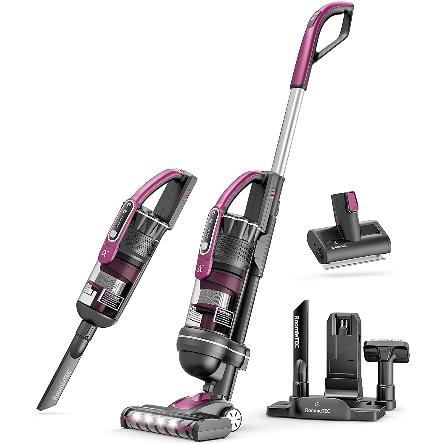 Aspirateur vertical sans fil TEC Alpha de ROOMIE, aspiration ultra puissante de 22 Kpa, filtre HEPA en acier inoxydable, brosse pour animaux et base