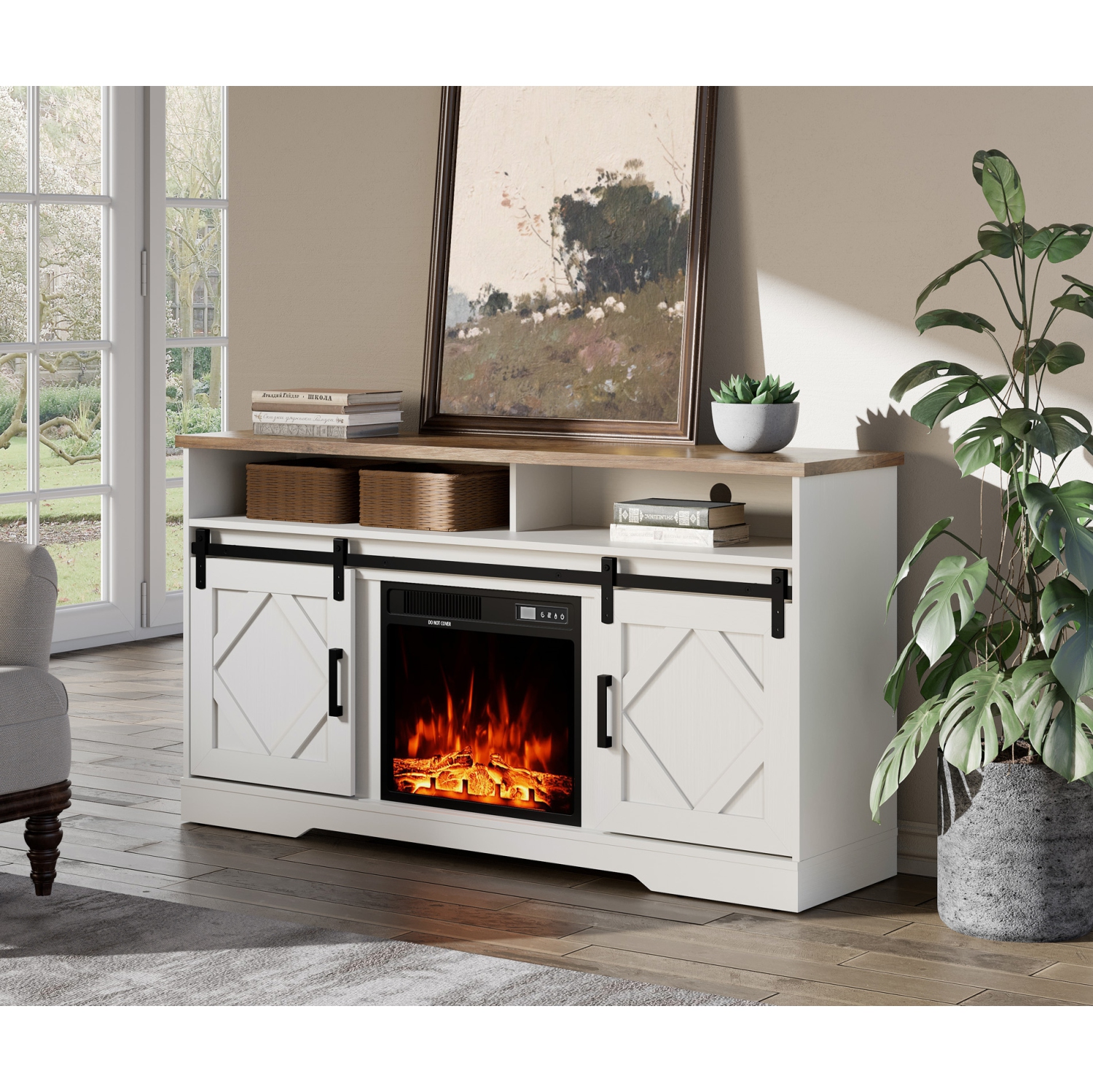 Wampat 2-in-1 Design Fireplace TV Stand for TVs Up to 65 Inch, 2 Heating Mode, 5 Brightness, White