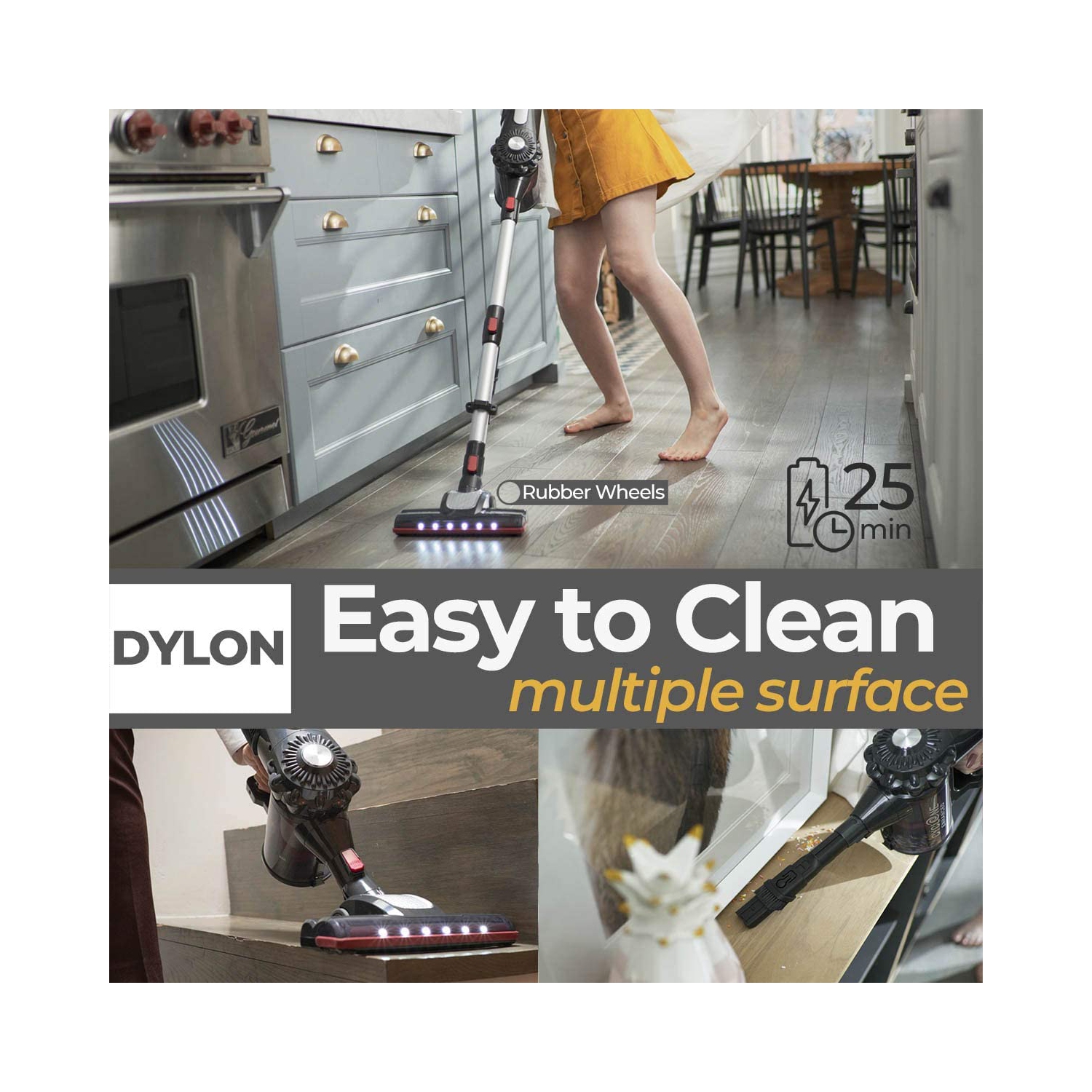 RoomieTEC Cordless Stick Vacuum Cleaner, 2 in 1 Handheld Vacuum with 120W Suction Power, Stainless Steel Filter, HEPA Filter, Designed for Floor,