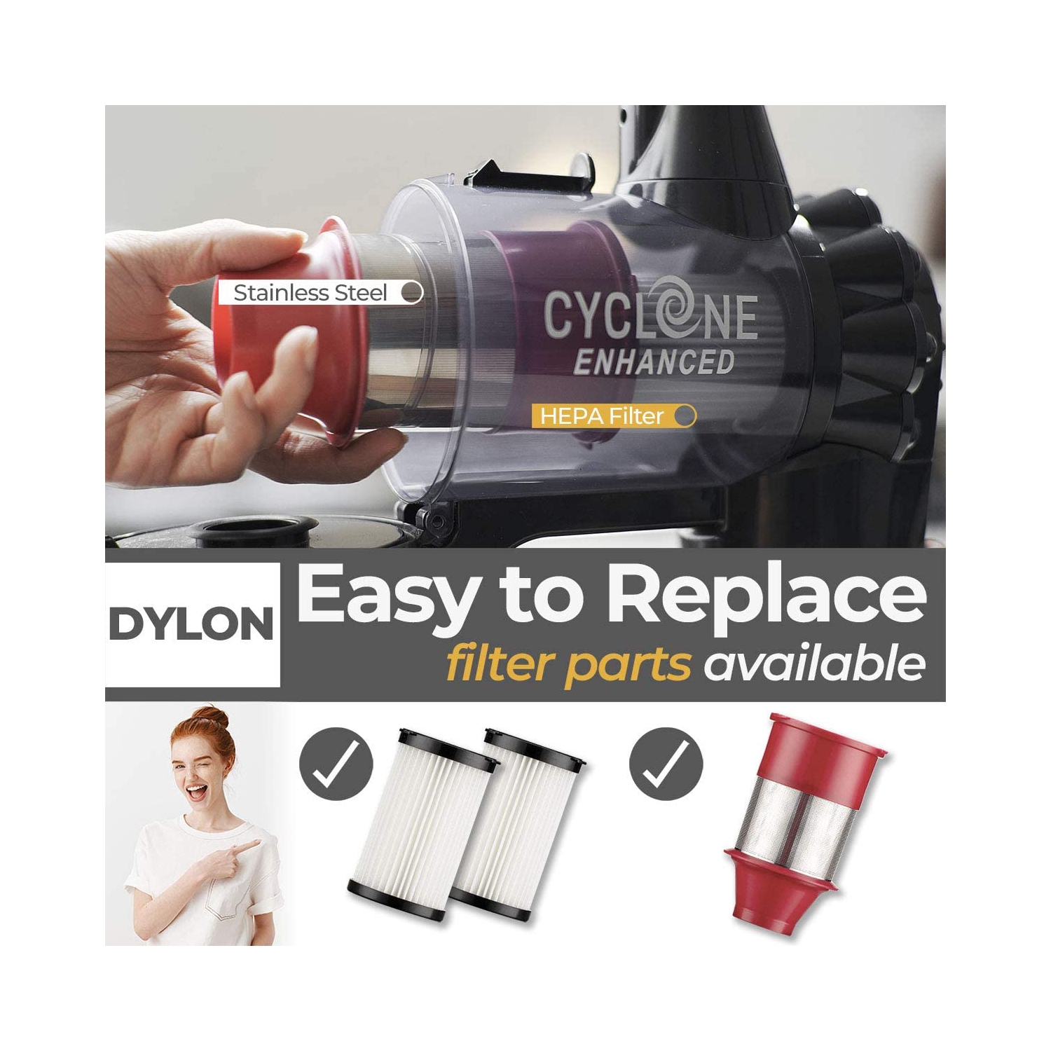 RoomieTEC Cordless Stick Vacuum Cleaner, 2 in 1 Handheld Vacuum with 120W Suction Power, Stainless Steel Filter, HEPA Filter, Designed for Floor,