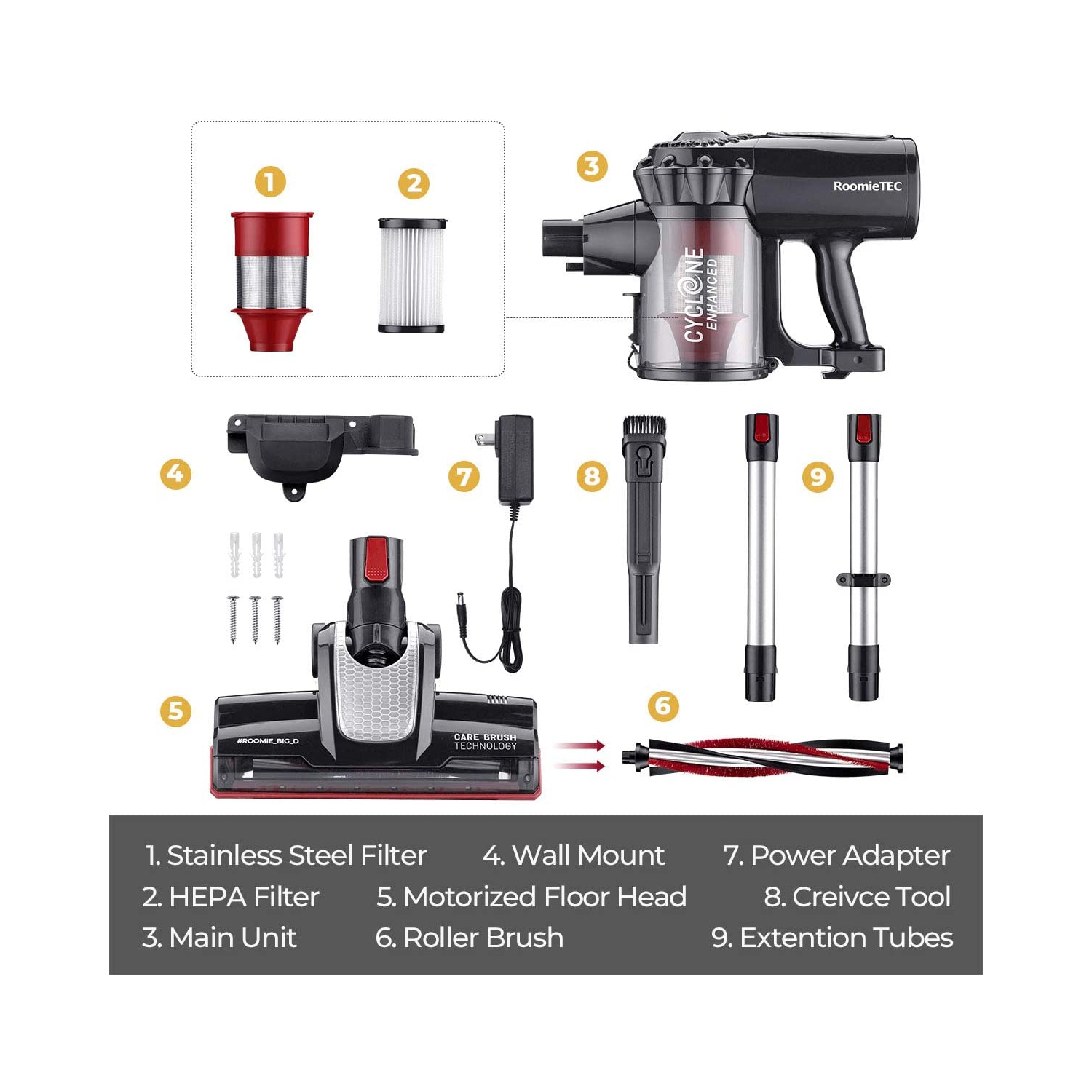 RoomieTEC Cordless Stick Vacuum Cleaner, 2 in 1 Handheld Vacuum with 120W Suction Power, Stainless Steel Filter, HEPA Filter, Designed for Floor,
