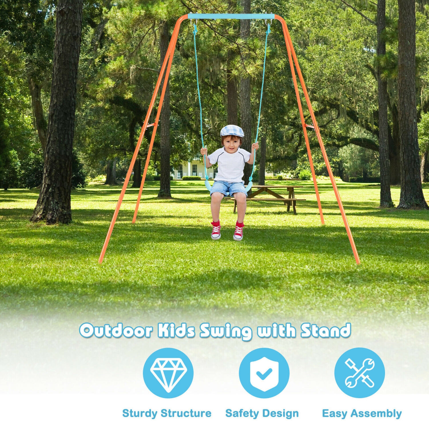 Gymax Outdoor Kids Swing Set Heavy Duty Metal A-Frame w/Ground Stakes Orange
