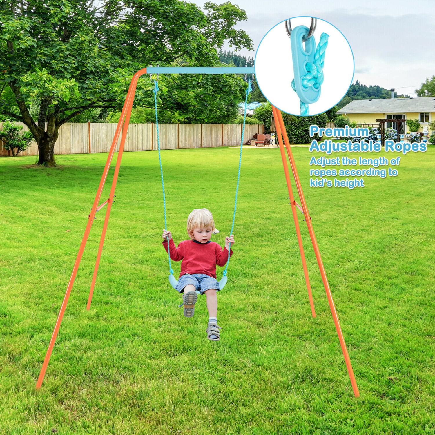 Gymax Outdoor Kids Swing Set Heavy Duty Metal A-Frame w/Ground Stakes Orange