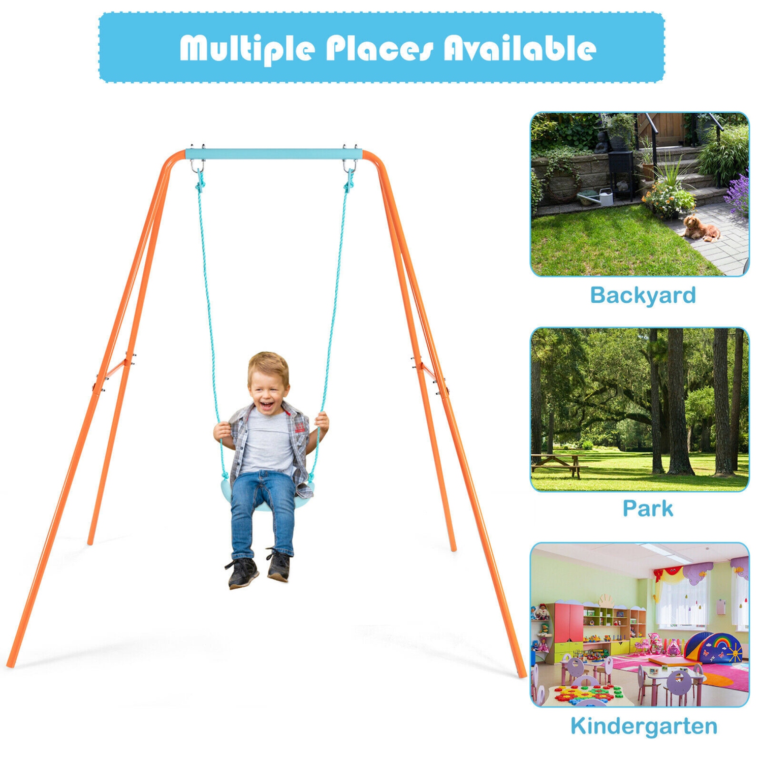 Gymax Outdoor Kids Swing Set Heavy Duty Metal A-Frame w/Ground Stakes Orange