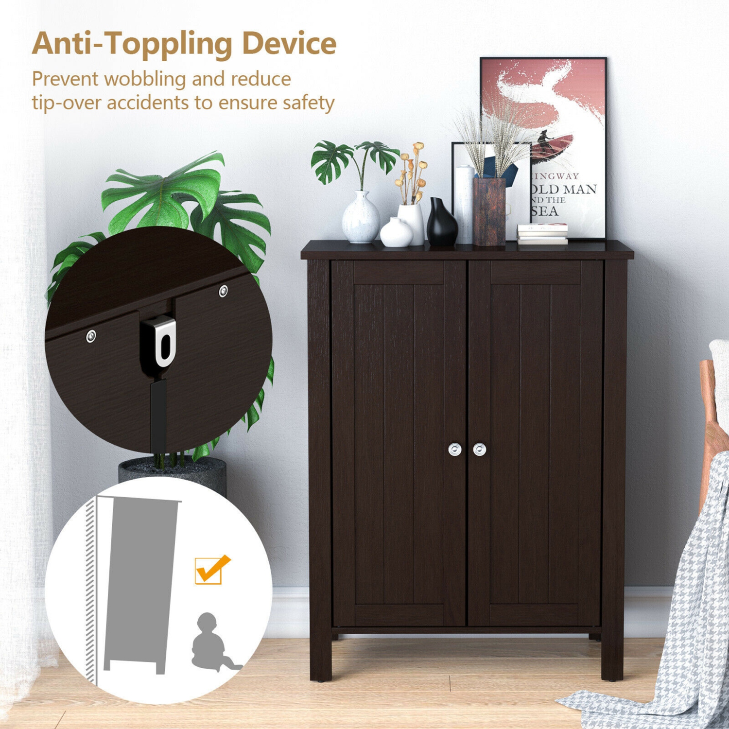 Gymax 2-Door Bathroom Floor Storage Cabinet Space Saver Organizer