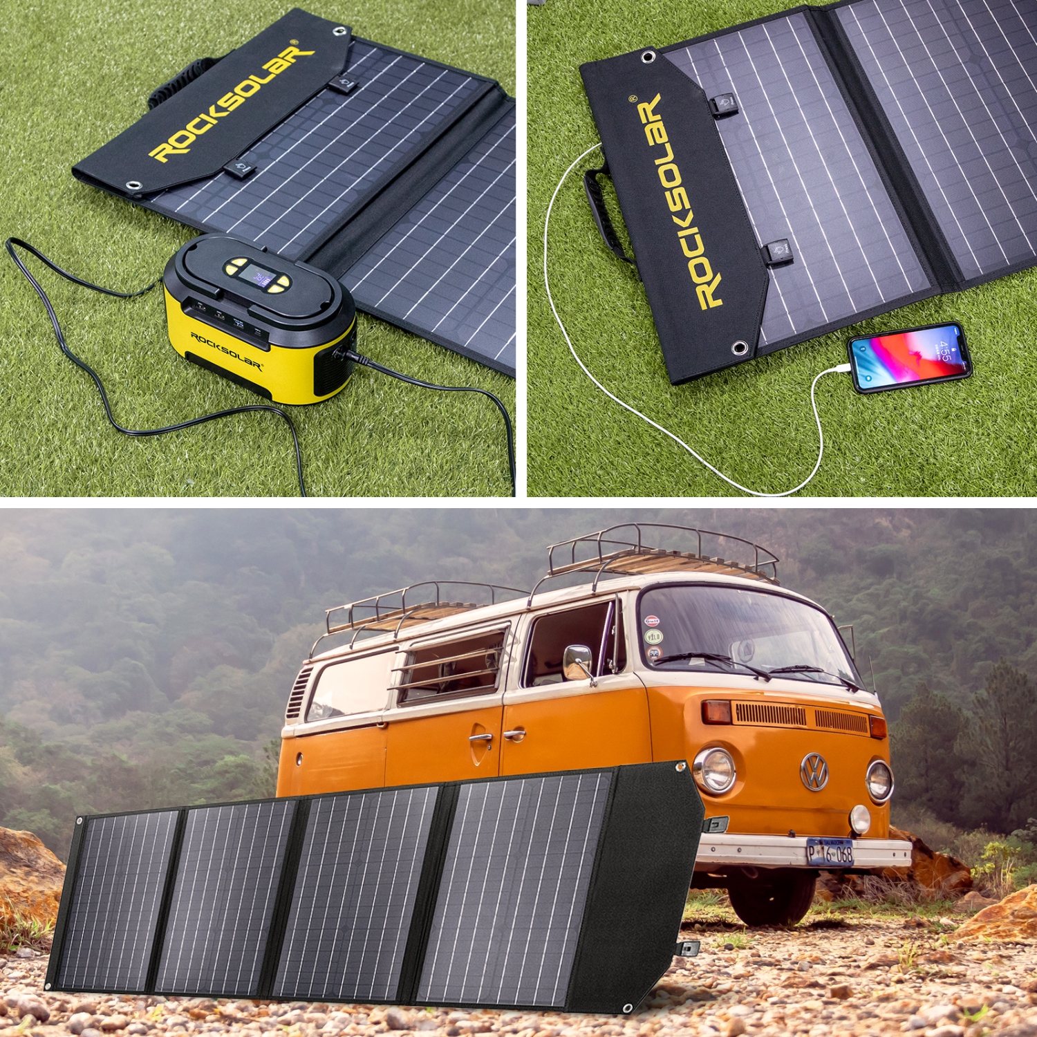 ROCKSOLAR RSSP100 100W Foldable Solar Panel, 12V Monocrystalline Kit with DC/USB/USB QC3.0/USB Type-C PD Outlets