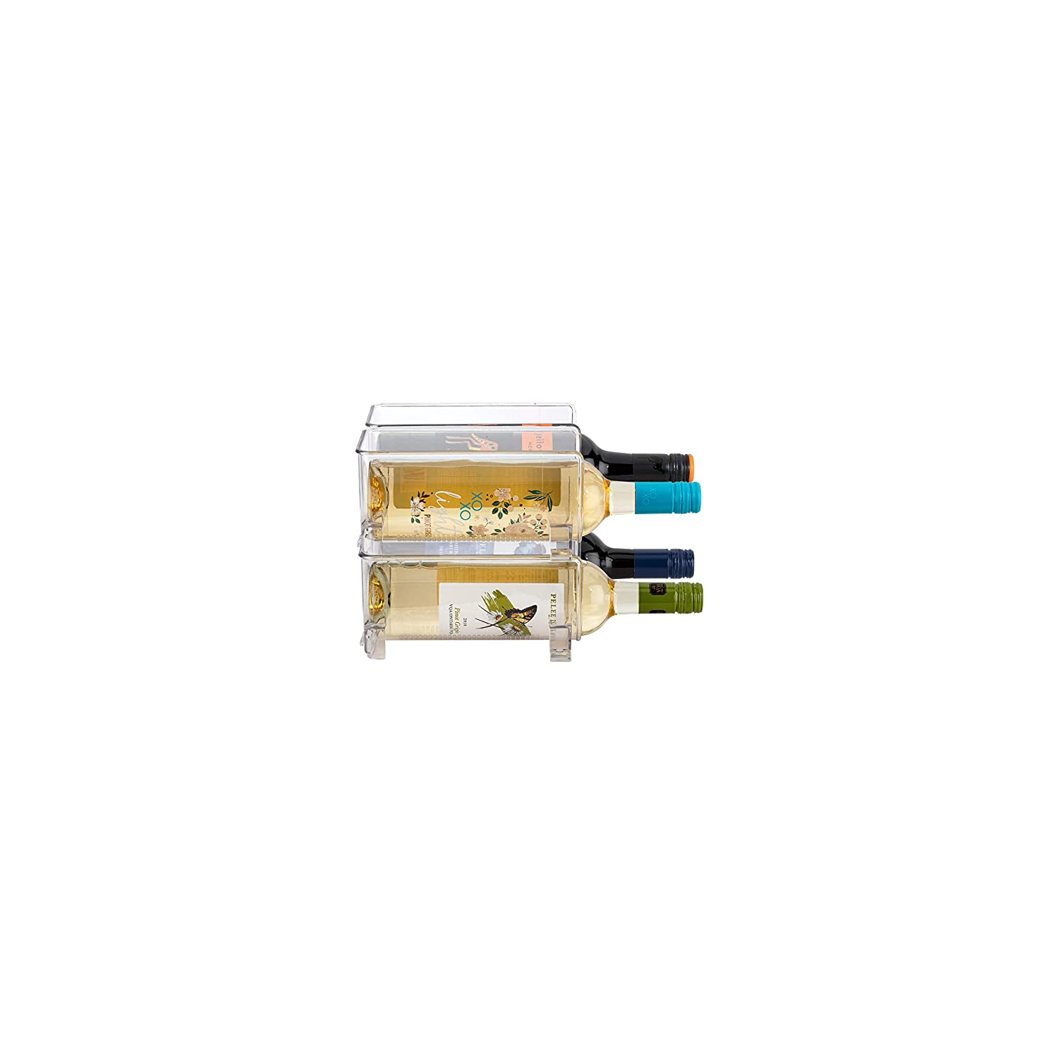 JINAMART Wine Bottle Organizer Stackable Clear Plastic Wine Rack Holder for Fridge Pantry Countertop Kitchen Table Top Free-Standing Storage for 2