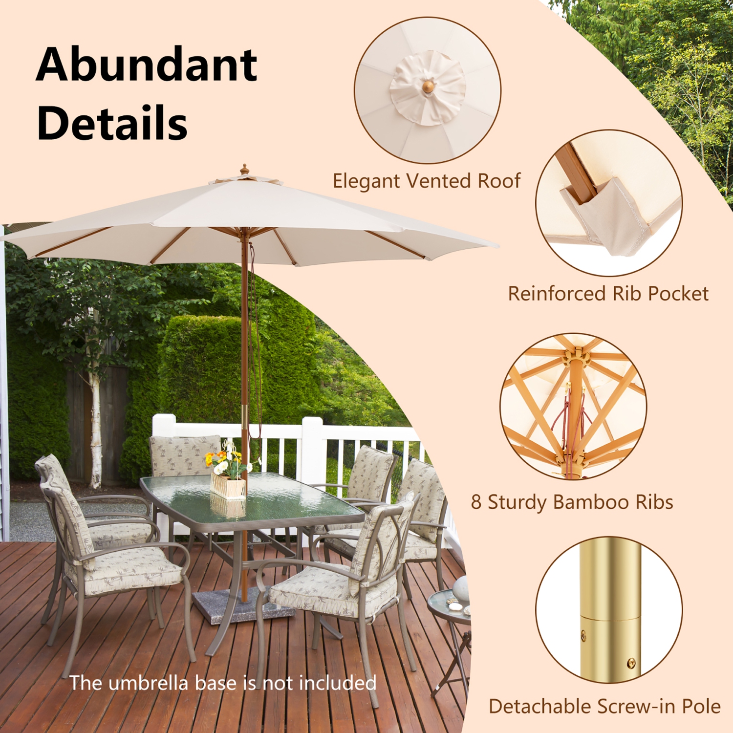 10FT Patio Wooden Market Table Umbrella Pulley w/8 Bamboo Ribs Sunshade Canopy