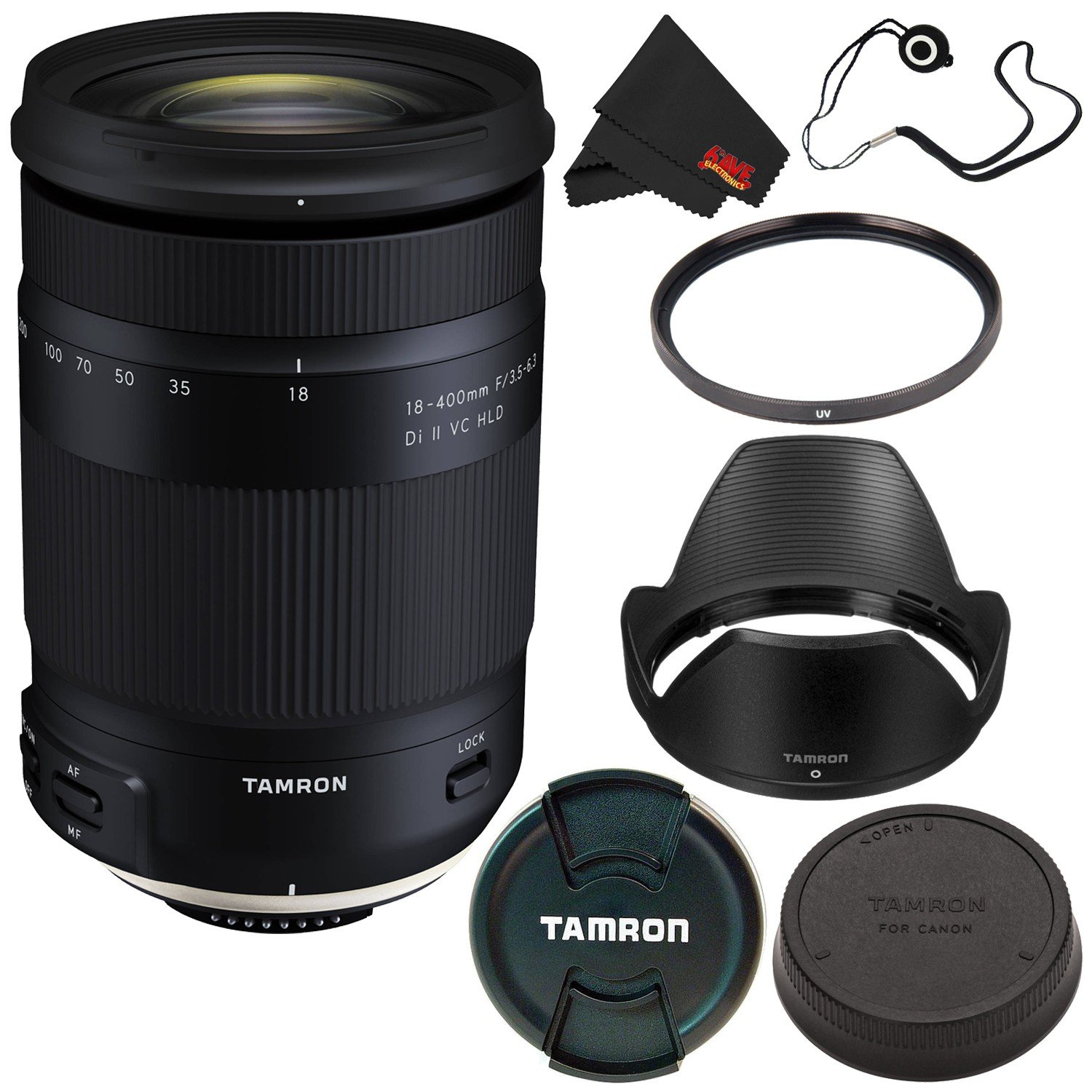 Tamron 18-400mm f/3.5-6.3 Di II VC HLD Lens Canon EF (International Model) + 72mm UV Filter + Lens Cap Keeper + Microfiber Cloth Bundle