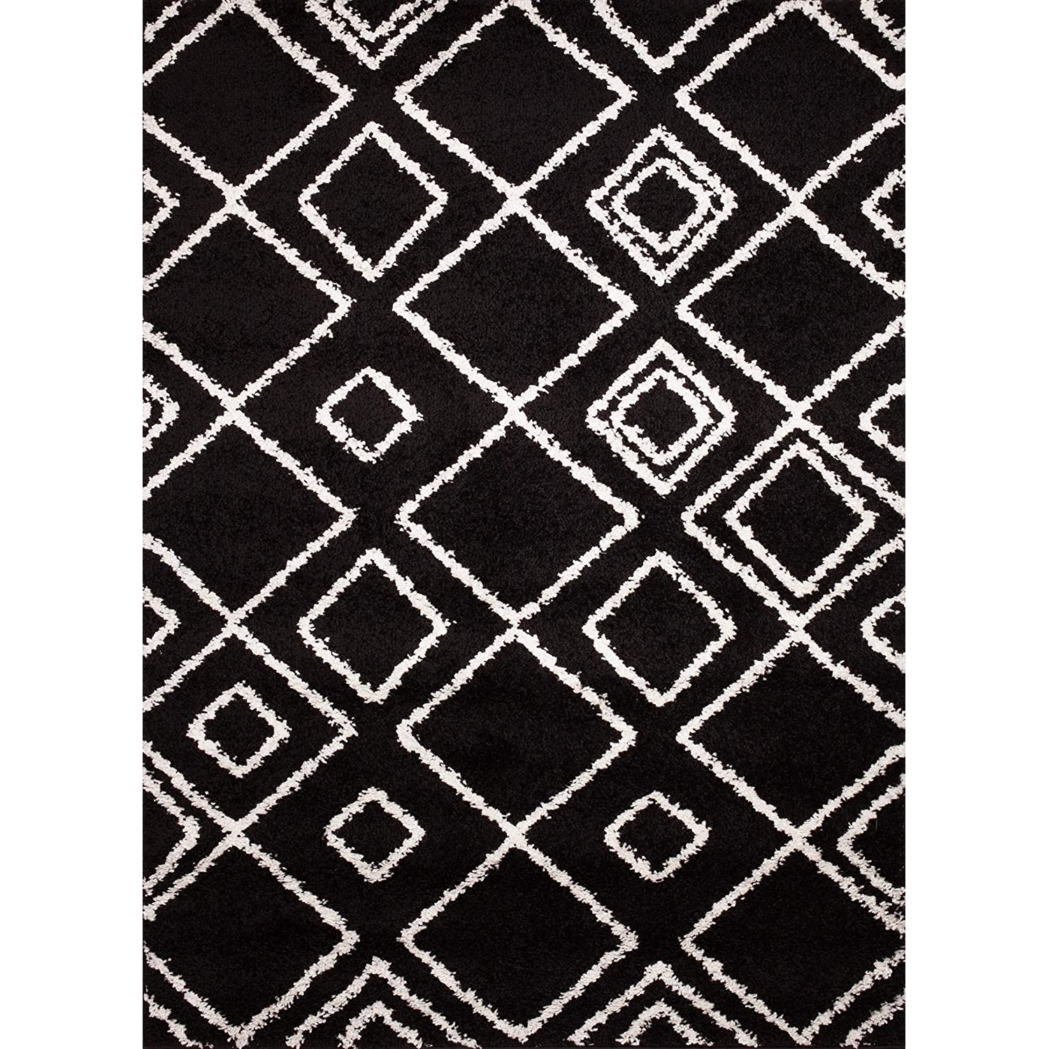 High Pile Area Rug for Living Room 33 x 5 Plush Black/White 3 x 5 JV Home Moroccan Trellis Shag Collection Soft
