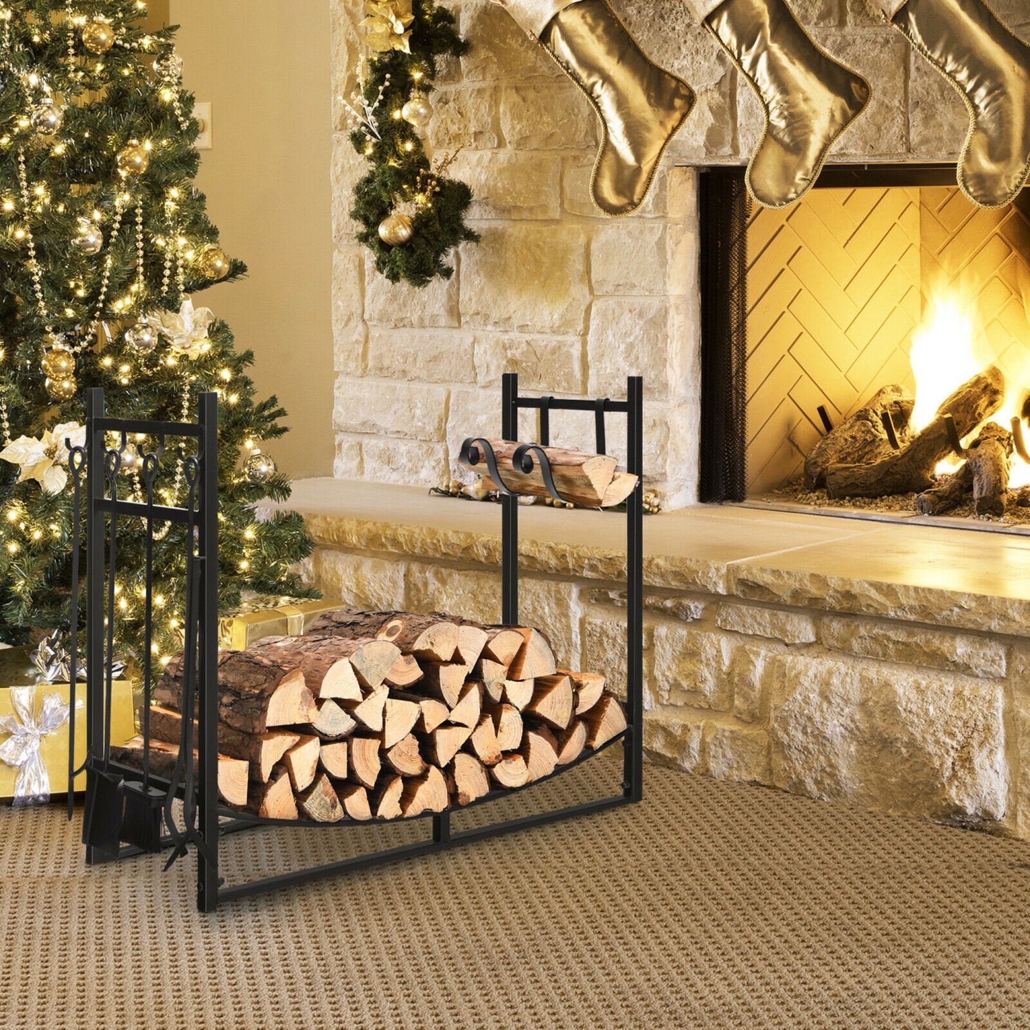 Gymax 36'' Fireplace Log Rack W/ 4 Tool Set Kindling Holders for Indoor Outdoor
