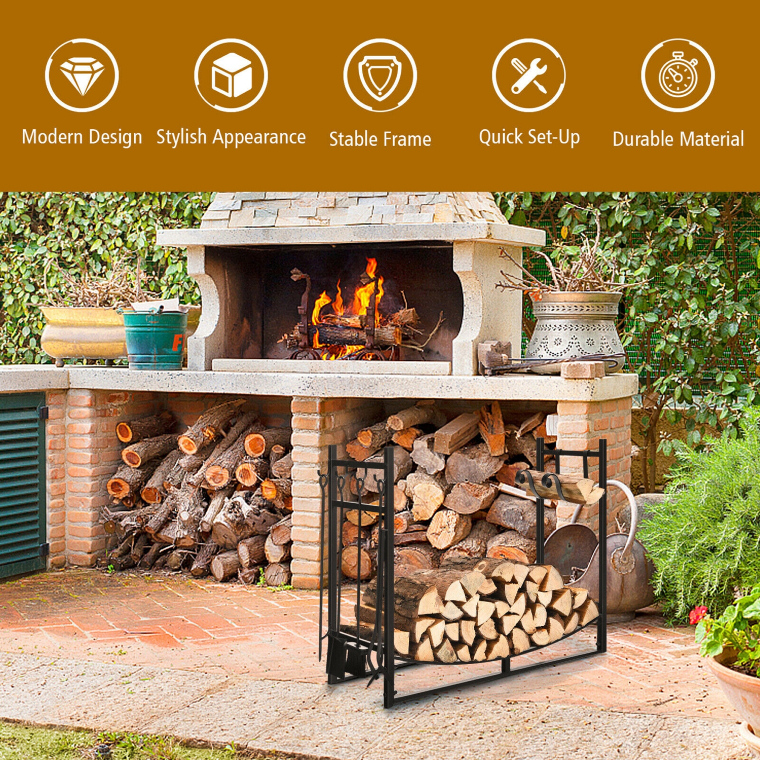 Gymax 36'' Fireplace Log Rack W/ 4 Tool Set Kindling Holders for Indoor Outdoor