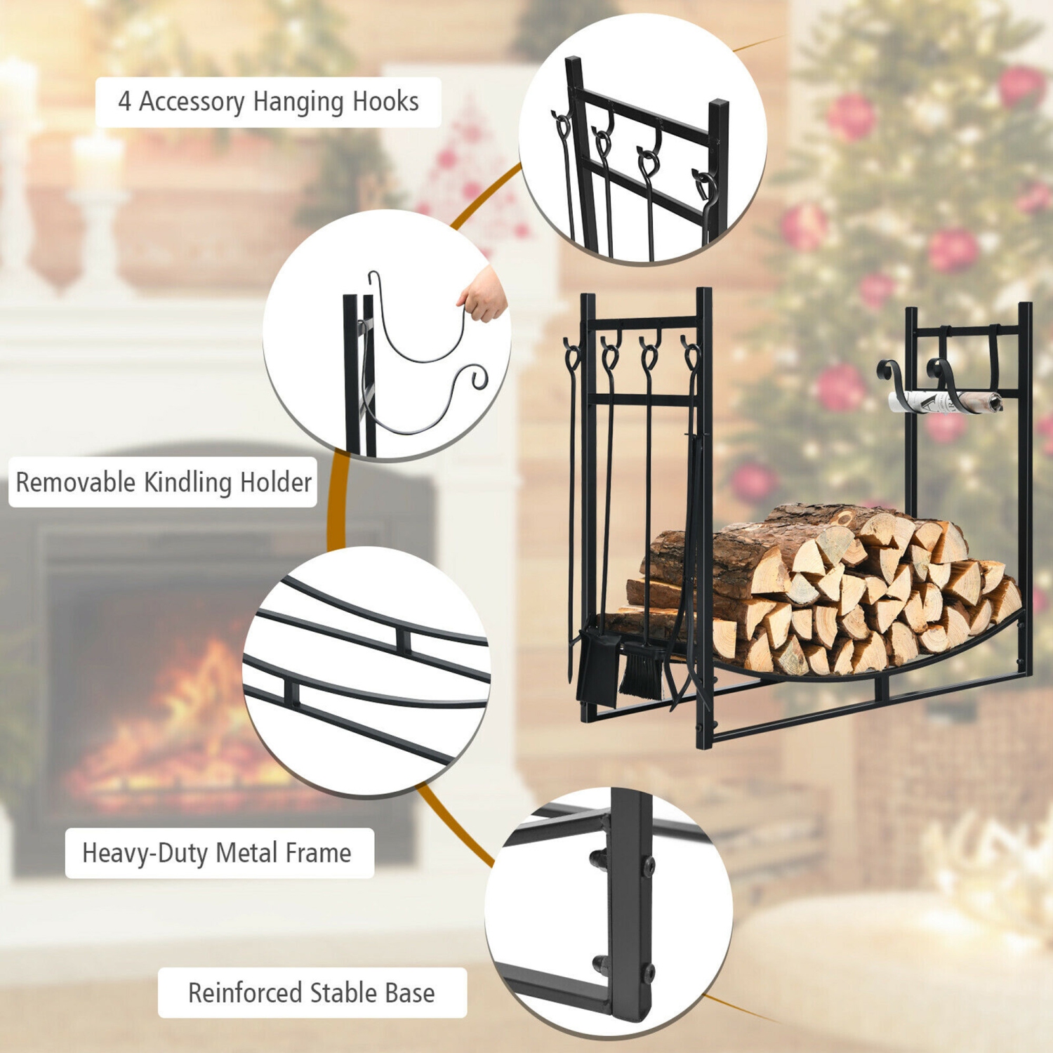 Gymax 36'' Fireplace Log Rack W/ 4 Tool Set Kindling Holders for Indoor Outdoor