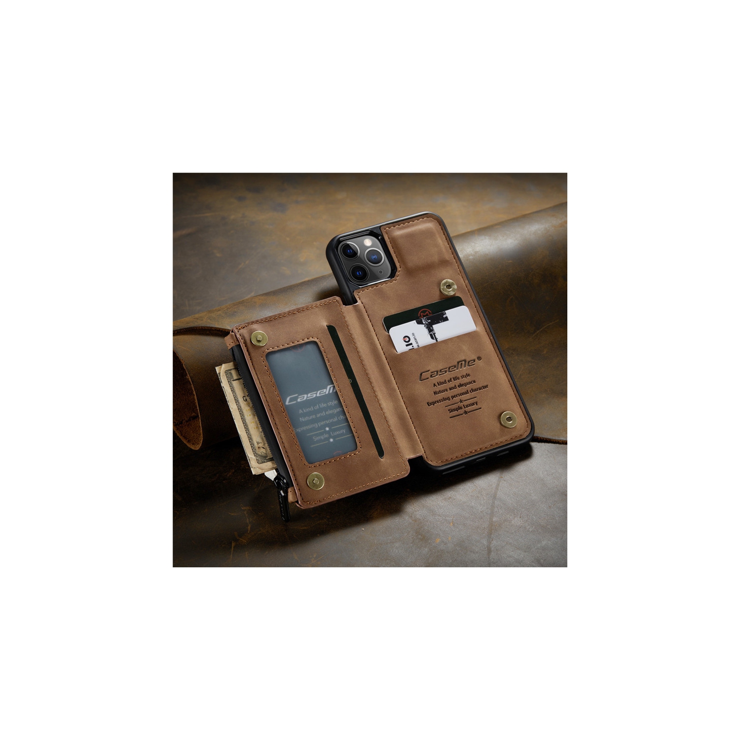 CaseMe Leather Zipper Wallet Card Slot Double Magnetic Clasp Shockproof Back Case Cover for iPhone 13 PRO -Coffee