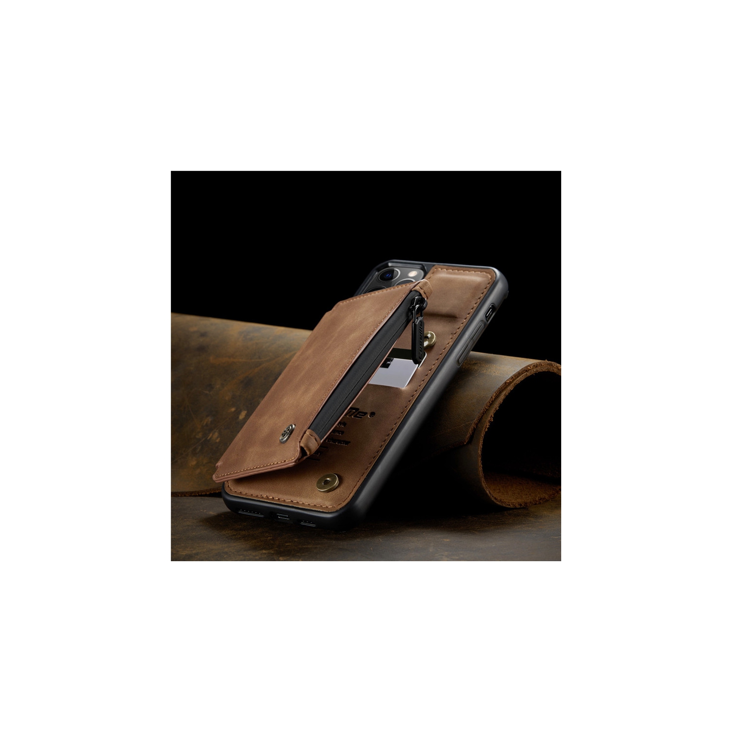 CaseMe Leather Zipper Wallet Card Slot Double Magnetic Clasp Shockproof Back Case Cover for iPhone 13 PRO -Coffee
