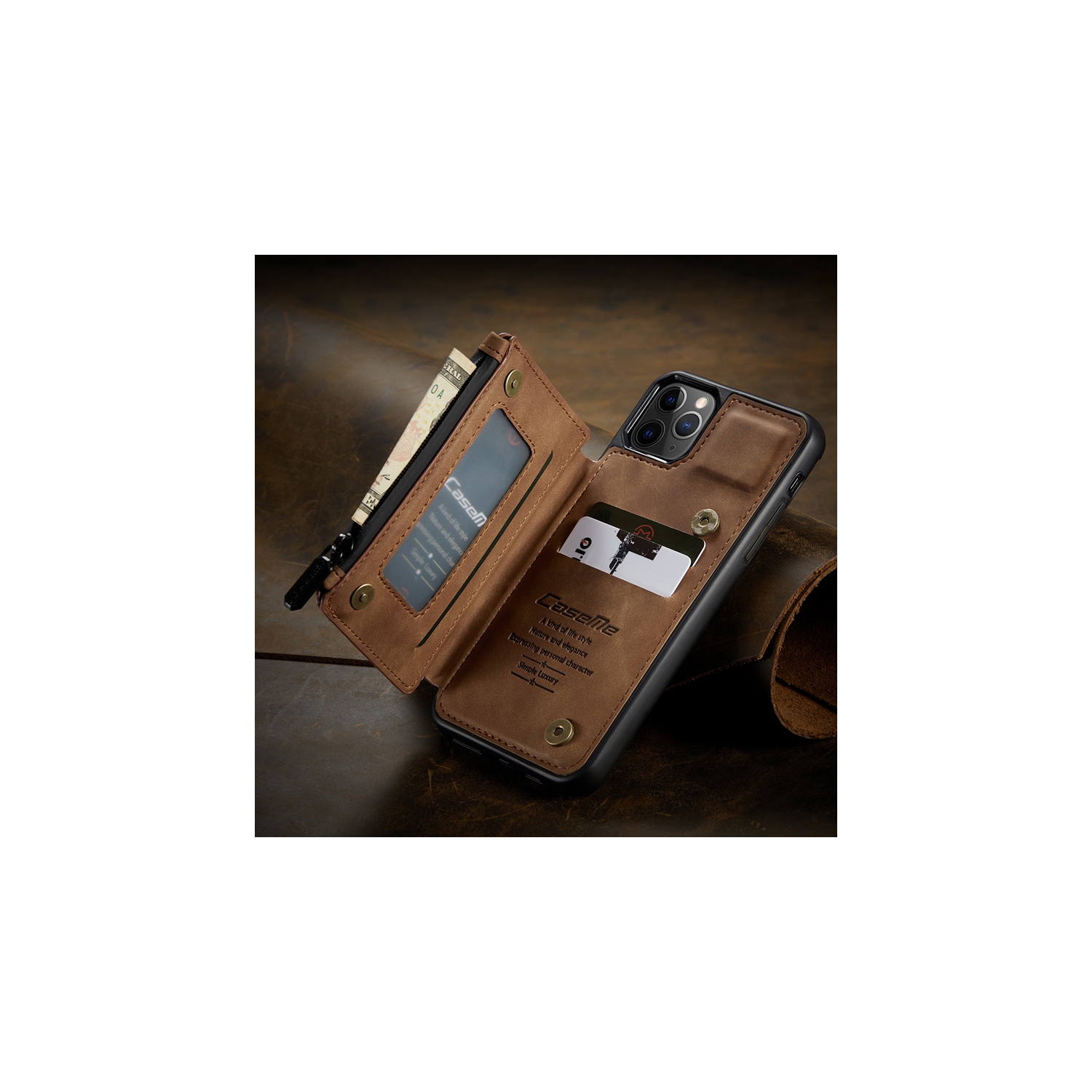 CaseMe Leather Zipper Wallet Card Slot Double Magnetic Clasp Shockproof Back Case Cover for iPhone 13 PRO -Coffee