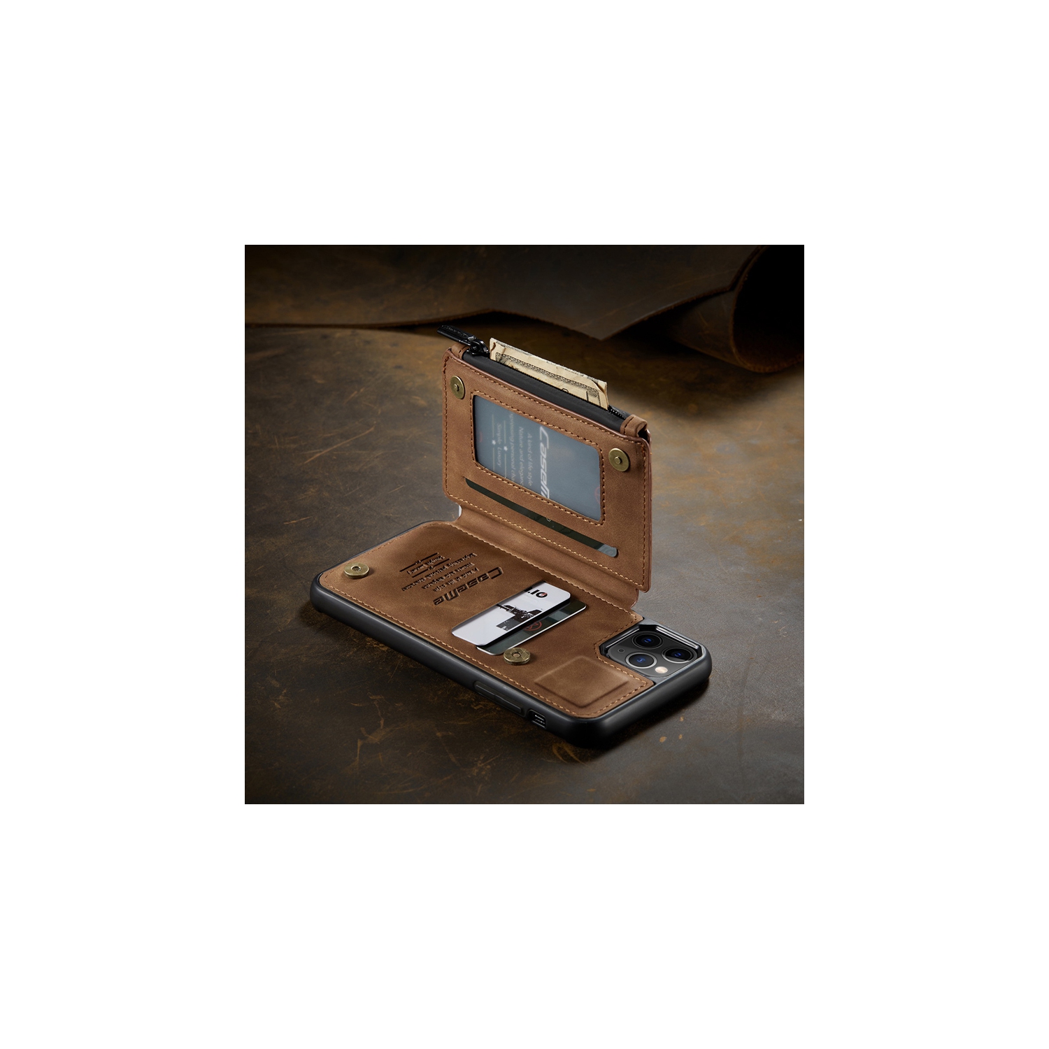 CaseMe Leather Zipper Wallet Card Slot Double Magnetic Clasp Shockproof Back Case Cover for iPhone 13 PRO -Coffee