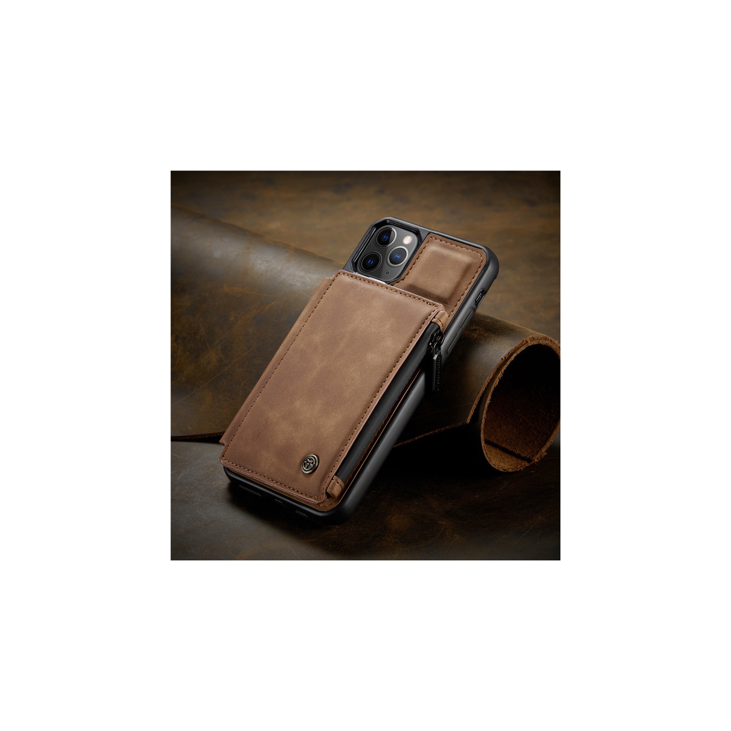 CaseMe Leather Zipper Wallet Card Slot Double Magnetic Clasp Shockproof Back Case Cover for iPhone 13 PRO -Coffee