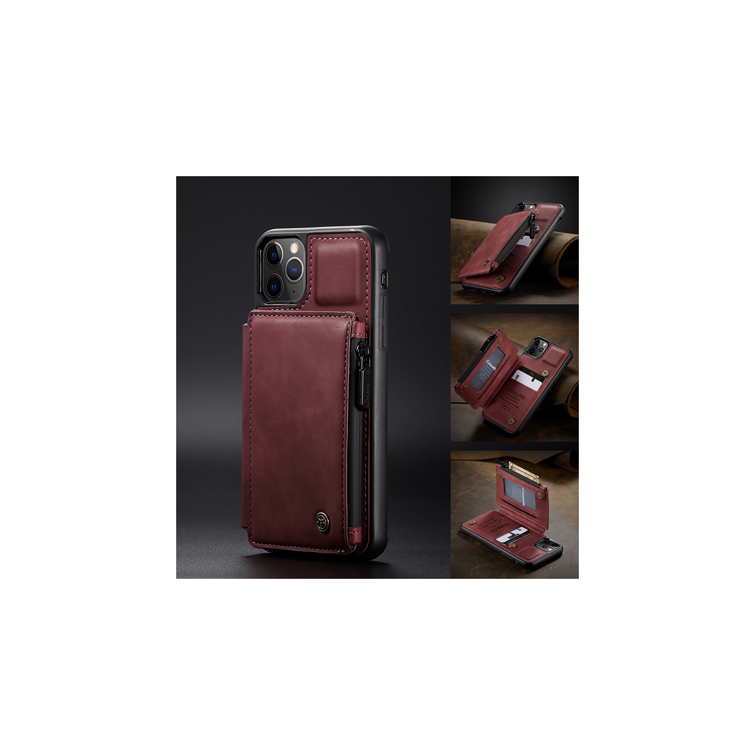 CaseMe Leather Zipper Wallet Card Slot Double Magnetic Clasp Shockproof Back Case Cover for iPhone 13 -Red