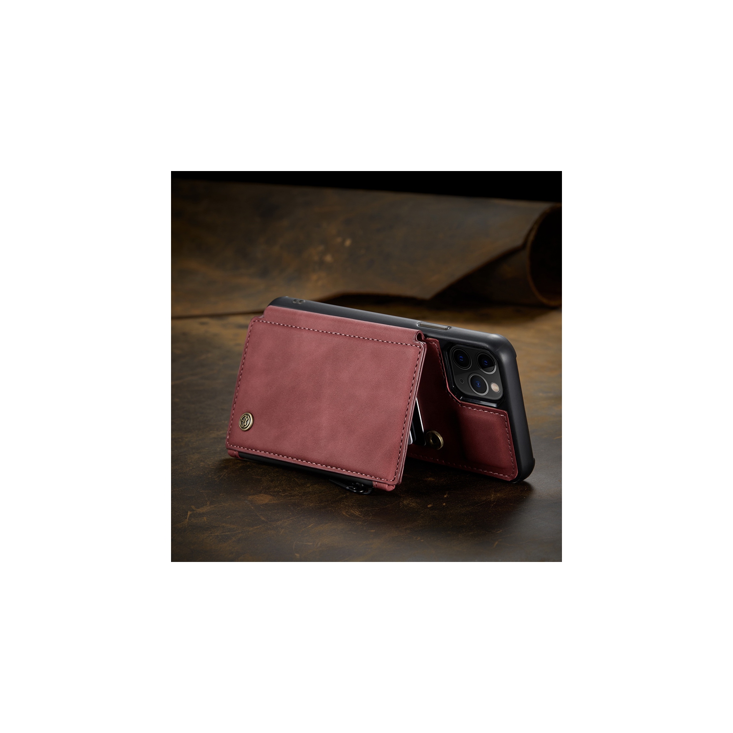 CaseMe Leather Zipper Wallet Card Slot Double Magnetic Clasp Shockproof Back Case Cover for iPhone 13 -Red