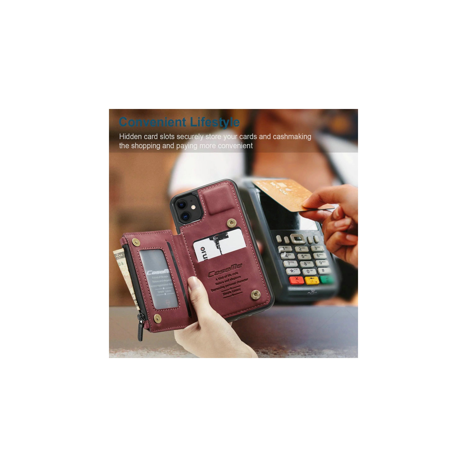 CaseMe Leather Zipper Wallet Card Slot Double Magnetic Clasp Shockproof Back Case Cover for iPhone 13 -Red