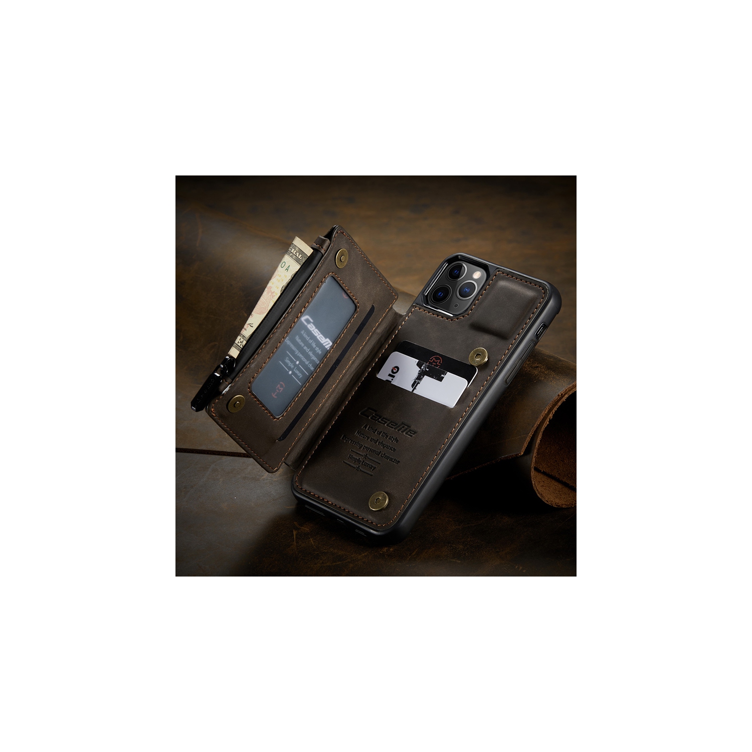 CaseMe Leather Zipper Wallet Card Slot Double Magnetic Clasp Shockproof Back Case Cover for iPhone 13 PRO MAX -Brown