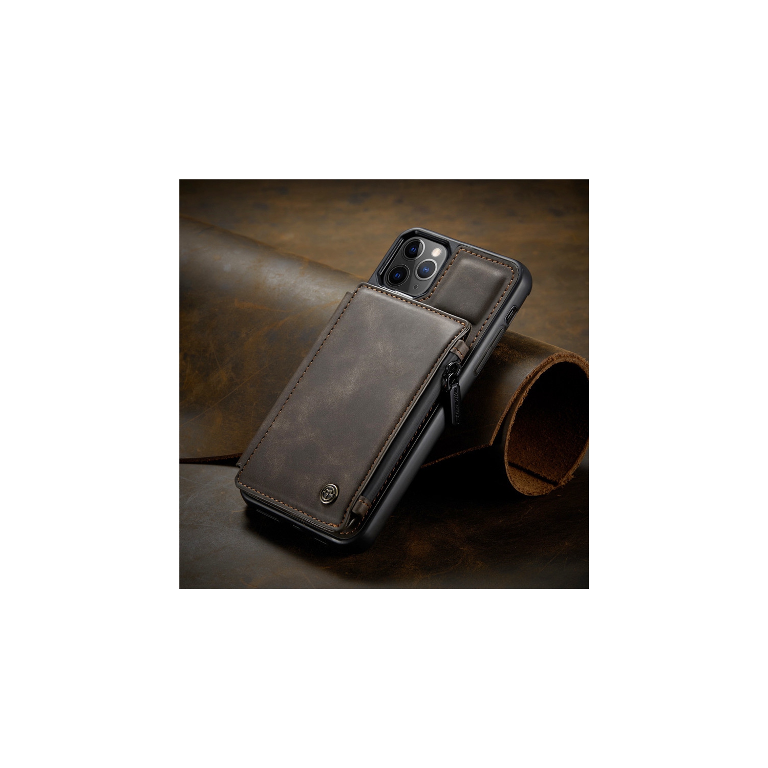 CaseMe Leather Zipper Wallet Card Slot Double Magnetic Clasp Shockproof Back Case Cover for iPhone 13 PRO MAX -Brown