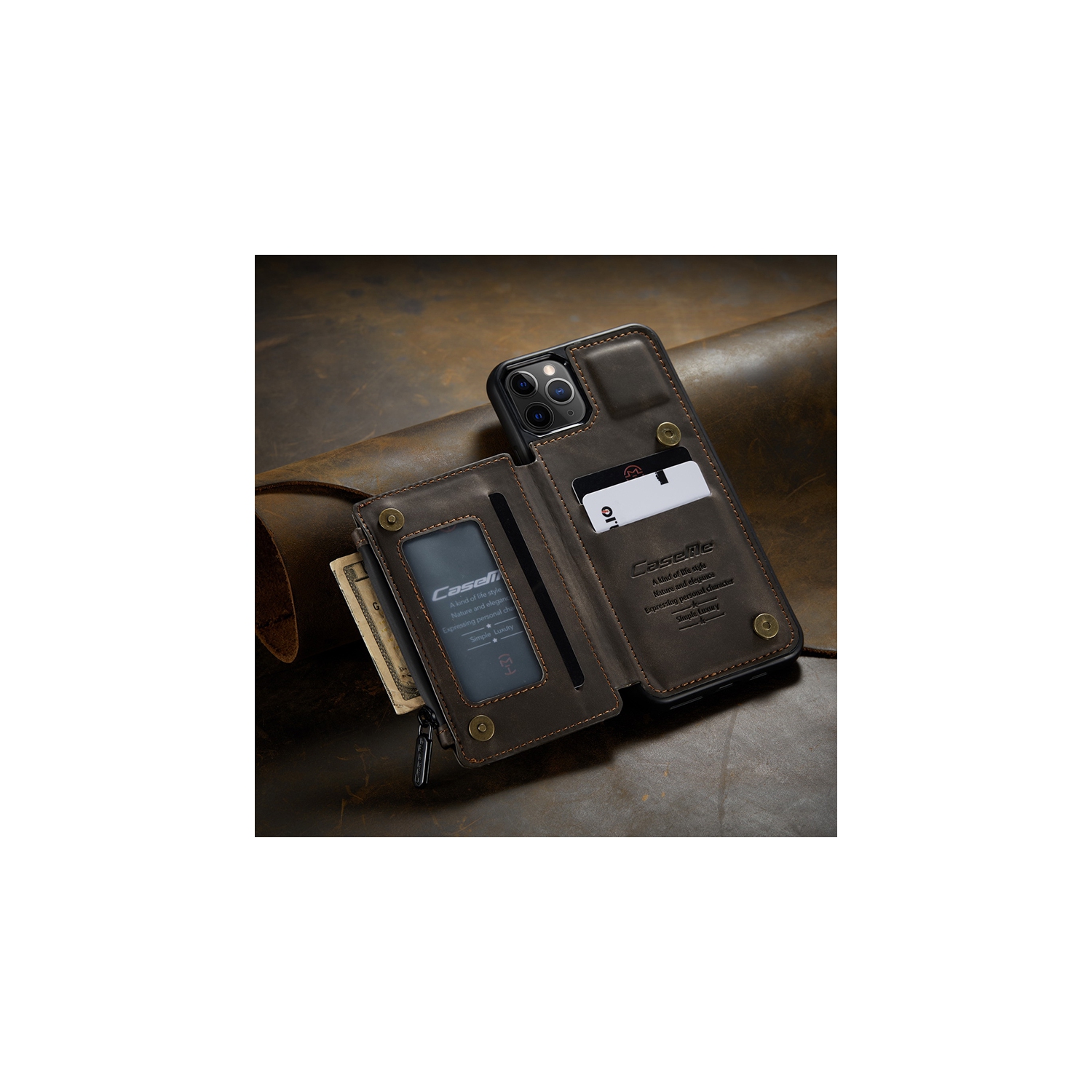 CaseMe Leather Zipper Wallet Card Slot Double Magnetic Clasp Shockproof Back Case Cover for iPhone 13 PRO MAX -Brown