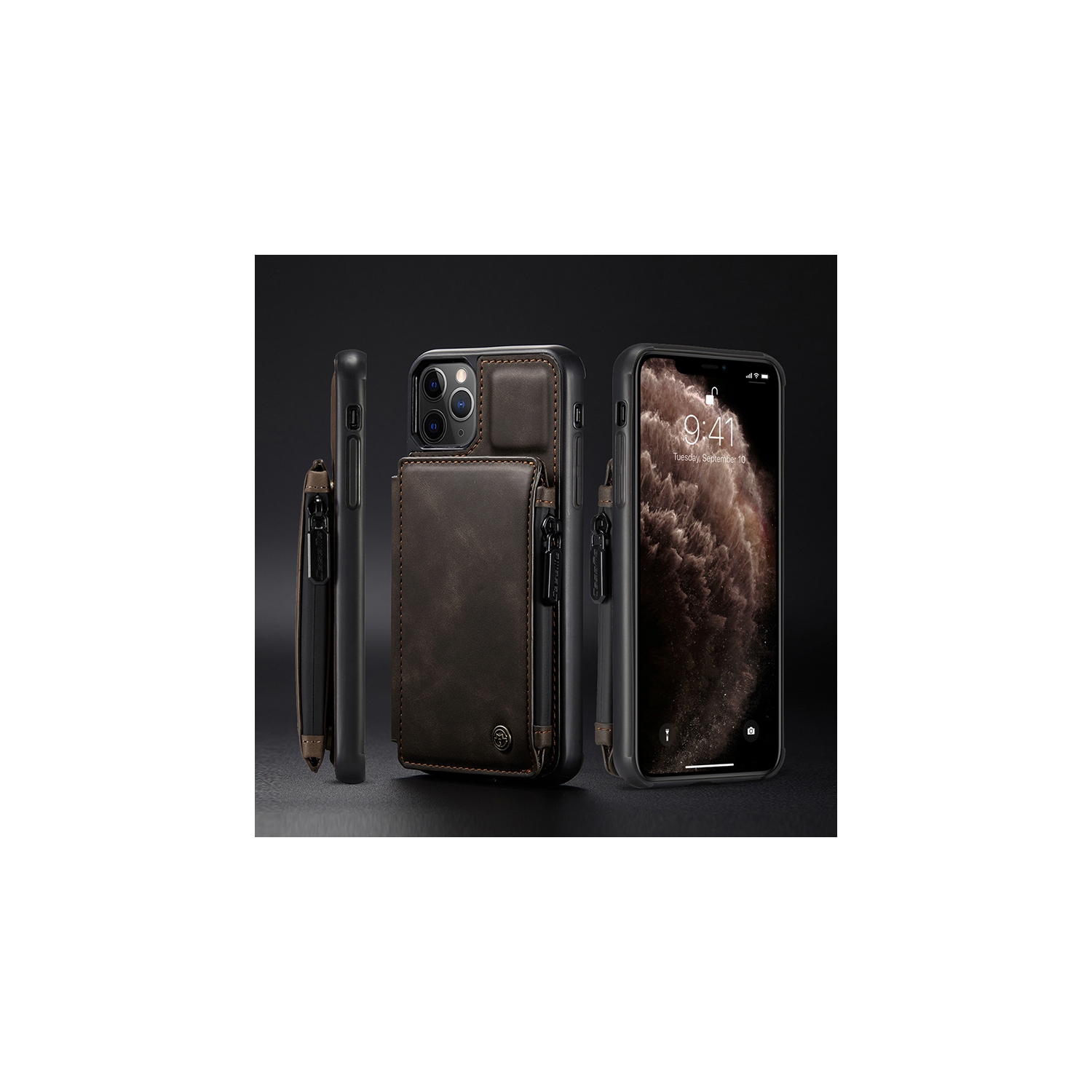 CaseMe Leather Zipper Wallet Card Slot Double Magnetic Clasp Shockproof Back Case Cover for iPhone 13 PRO MAX -Brown