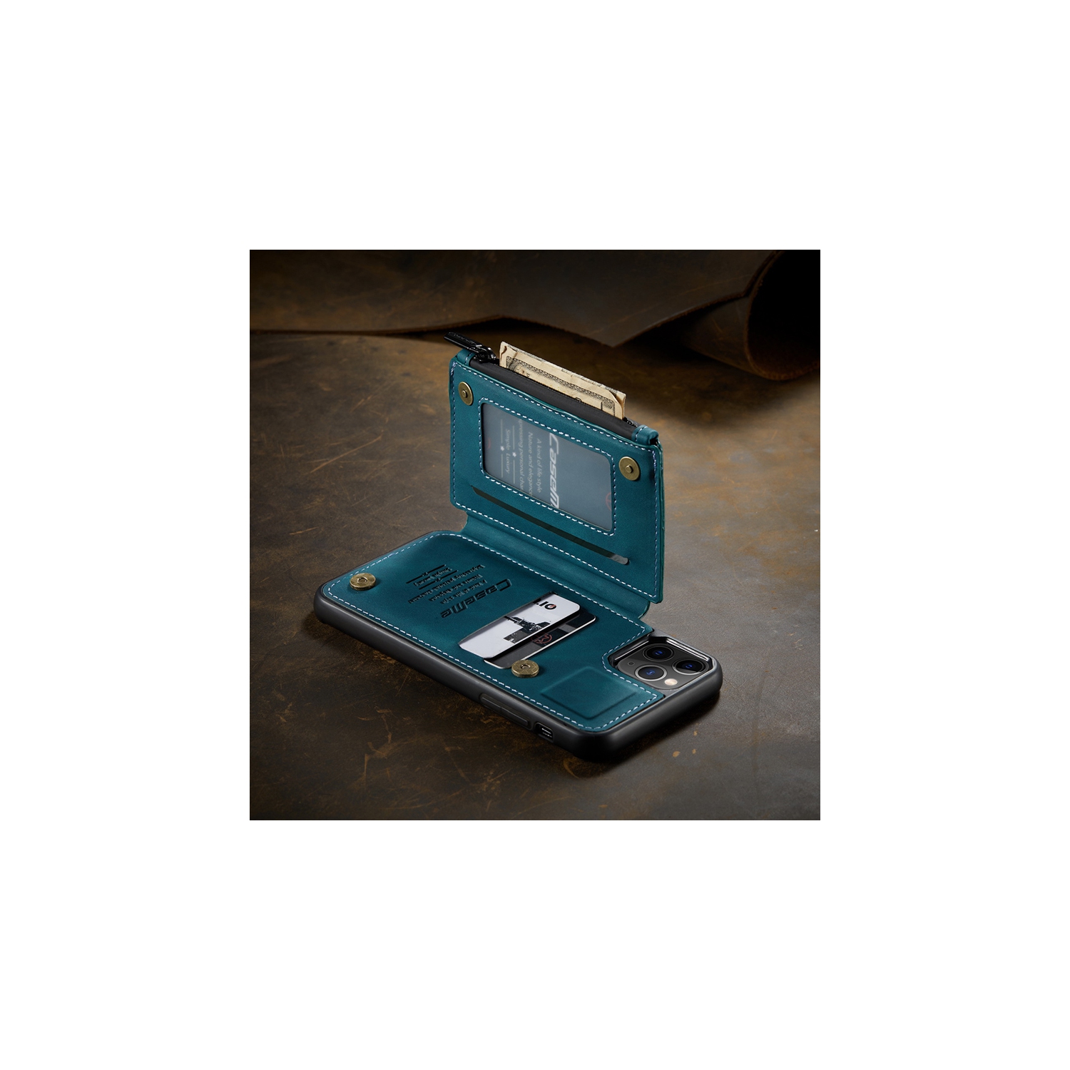 CaseMe Leather Zipper Wallet Card Slot Double Magnetic Clasp Shockproof Back Case Cover for iPhone 13 PRO -Blue