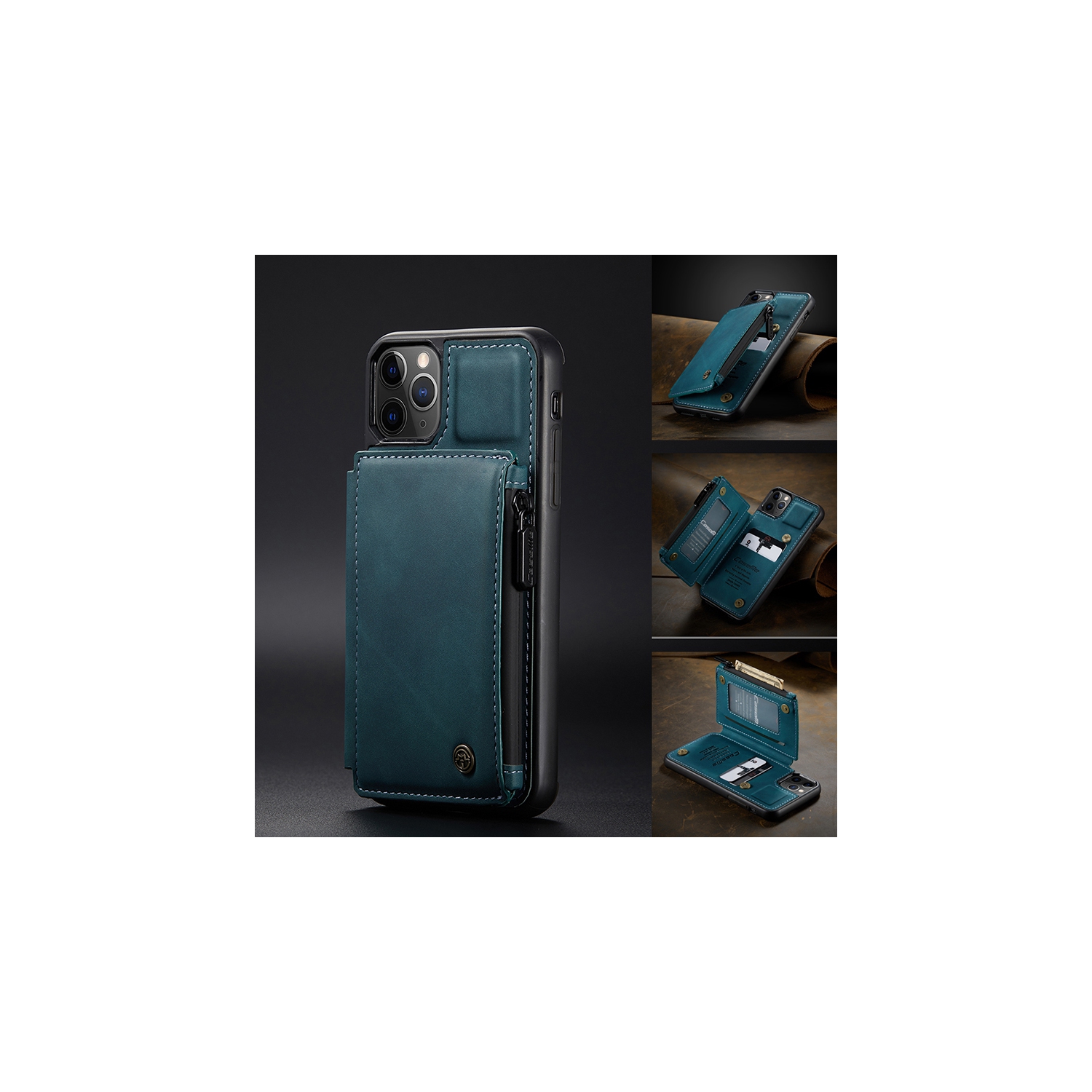 CaseMe Leather Zipper Wallet Card Slot Double Magnetic Clasp Shockproof Back Case Cover for iPhone 13 PRO -Blue